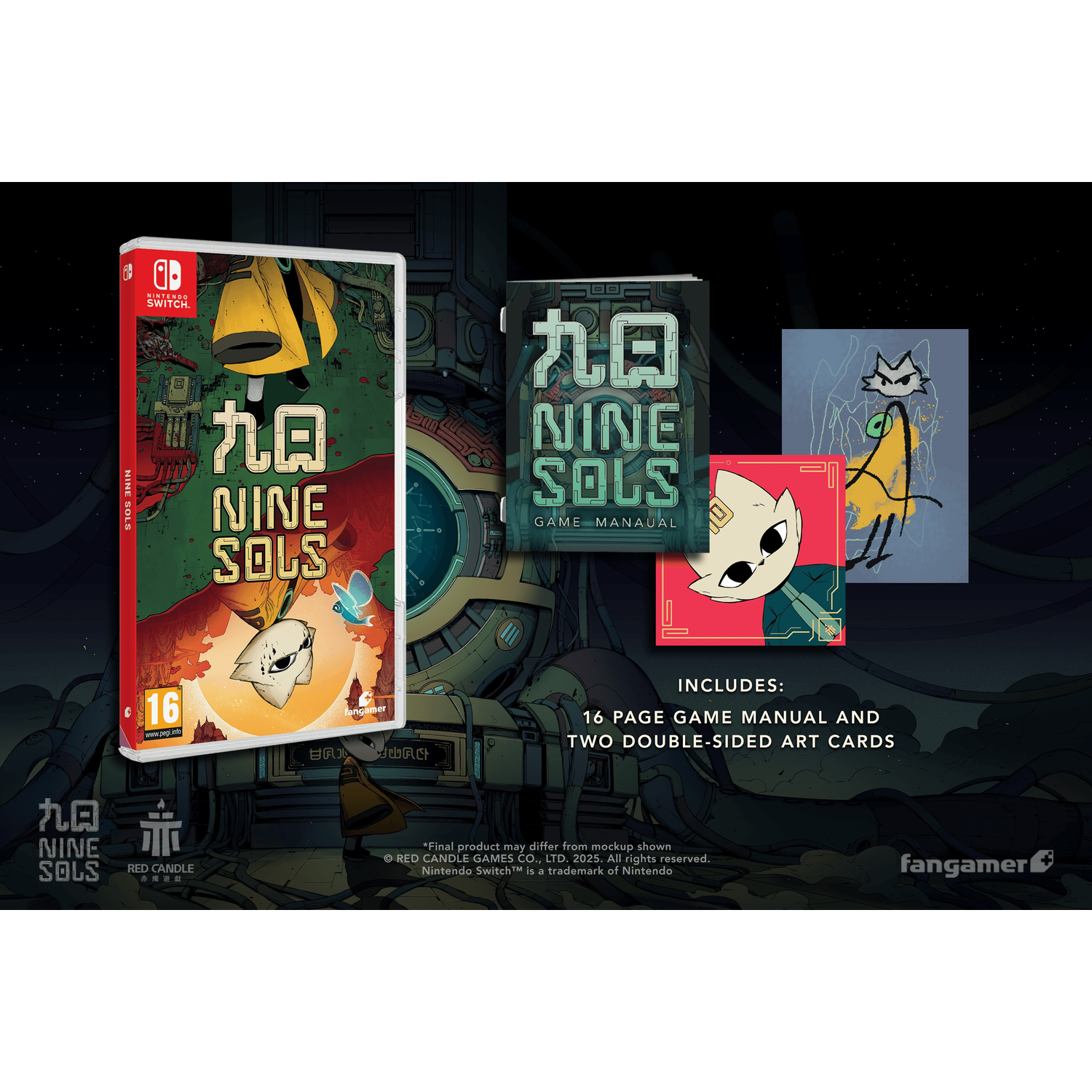 Gamepakket voor Nine Sols. Inclusief spelhandleiding en art cards. Toont het logo en de personagekunst van het spel met een futuristische achtergrond.