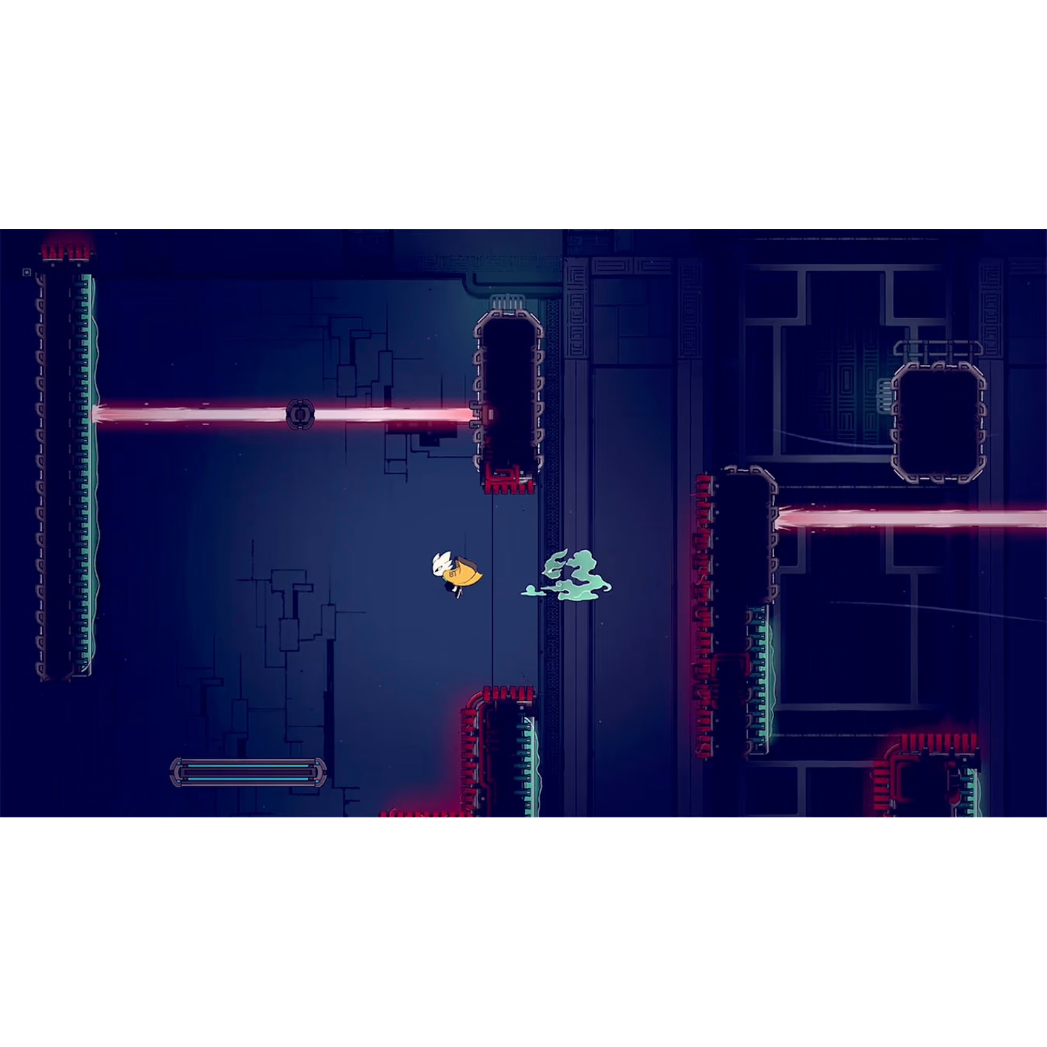 Een personage met een gele cape springt in een futuristische omgeving. Rode lasers en platforms zijn zichtbaar. De achtergrond is donkerblauw.