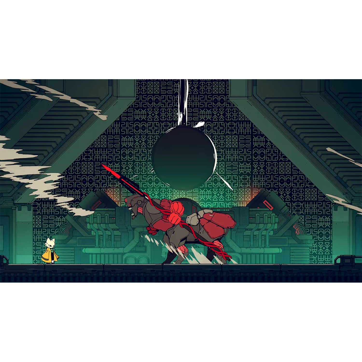 Een katachtig figuur in een gele mantel staat tegenover een rood en grijs robotachtig beest met een groot zwaard in een futuristische groene omgeving.