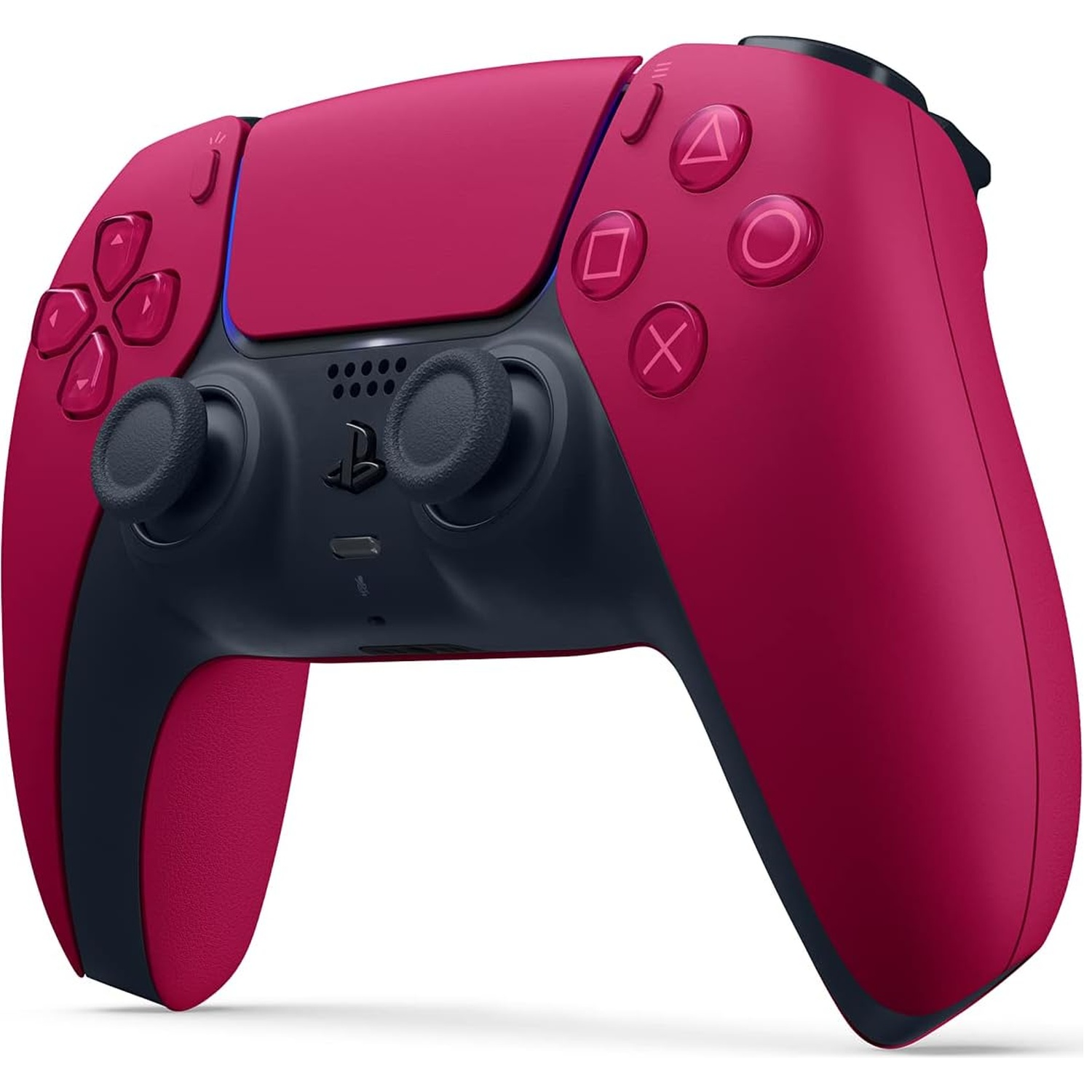 A red and black PlayStation 5 DualSense controller with buttons and joysticks, isolated on a white background.
