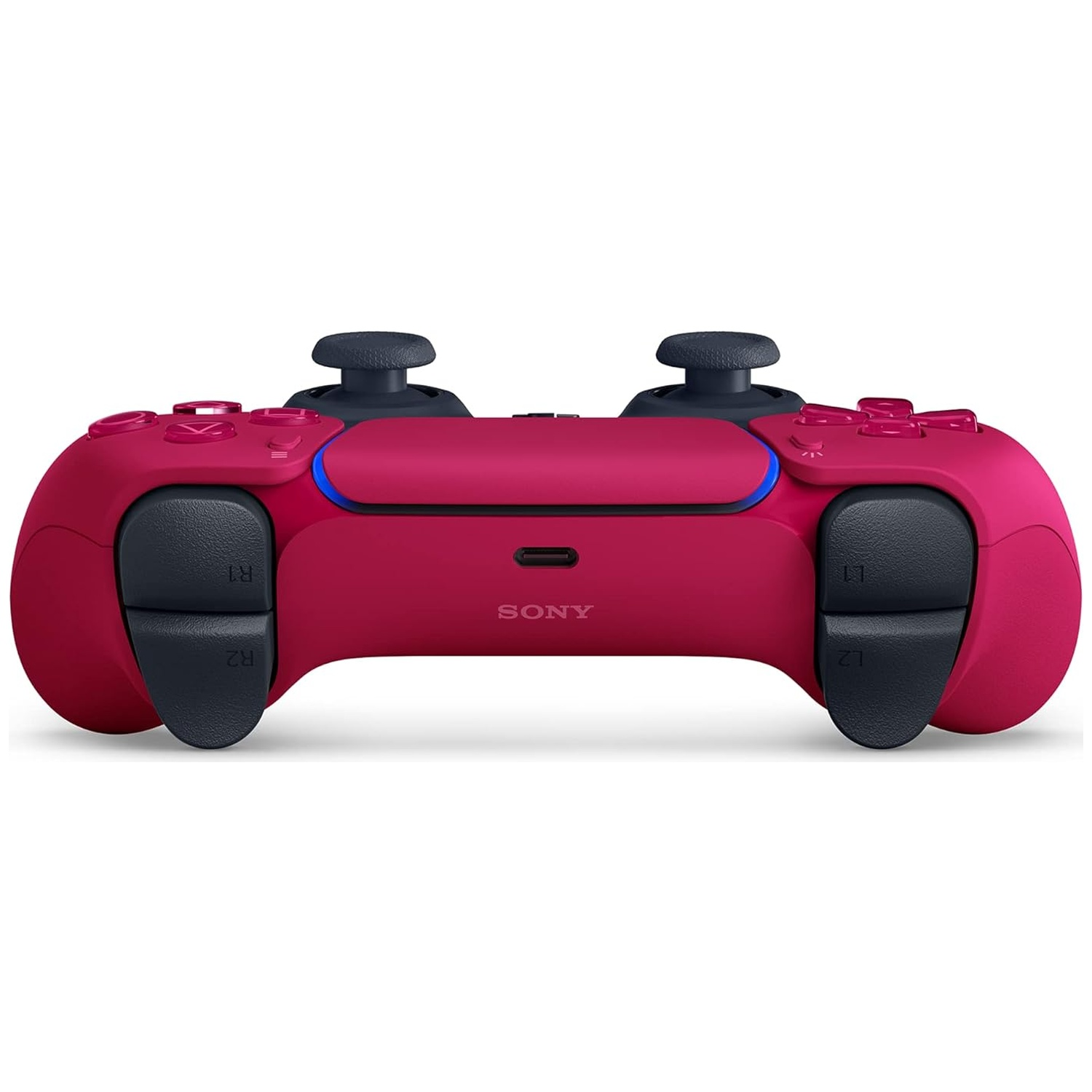 A crimson PlayStation 5 DualSense controller, black thumbsticks and triggers, with 'SONY' logo in the center and a white background.