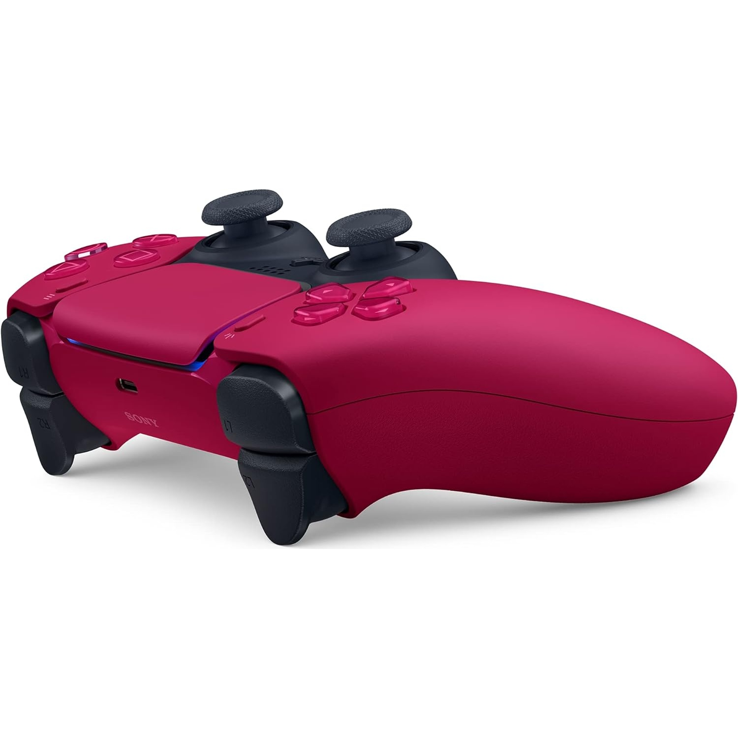 A red Playstation 5 controller, with black joysticks and buttons, on a white background. The Sony logo is visible.