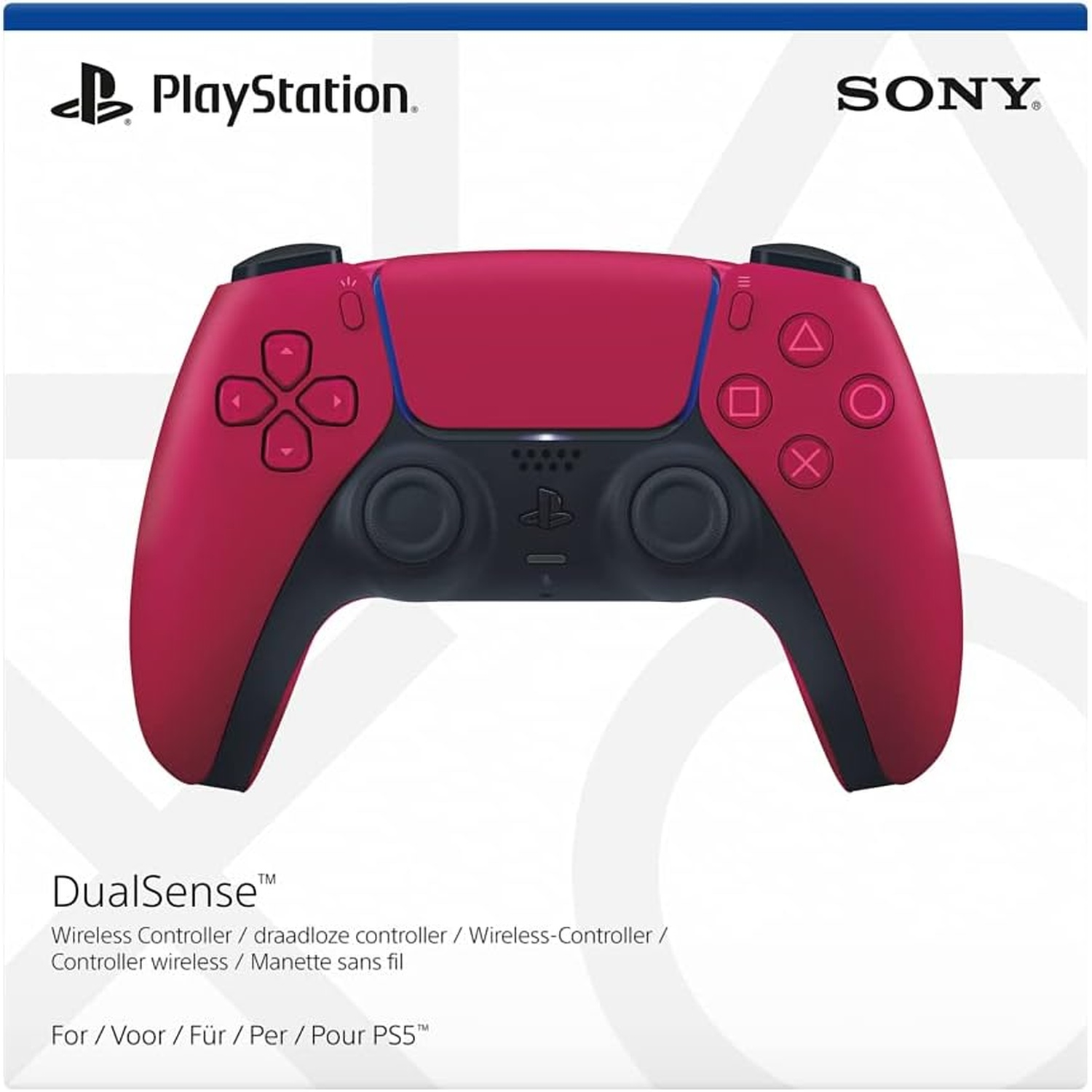 A red DualSense wireless controller for PS5. It has buttons and a touchpad. The PlayStation and Sony logos are also visible.