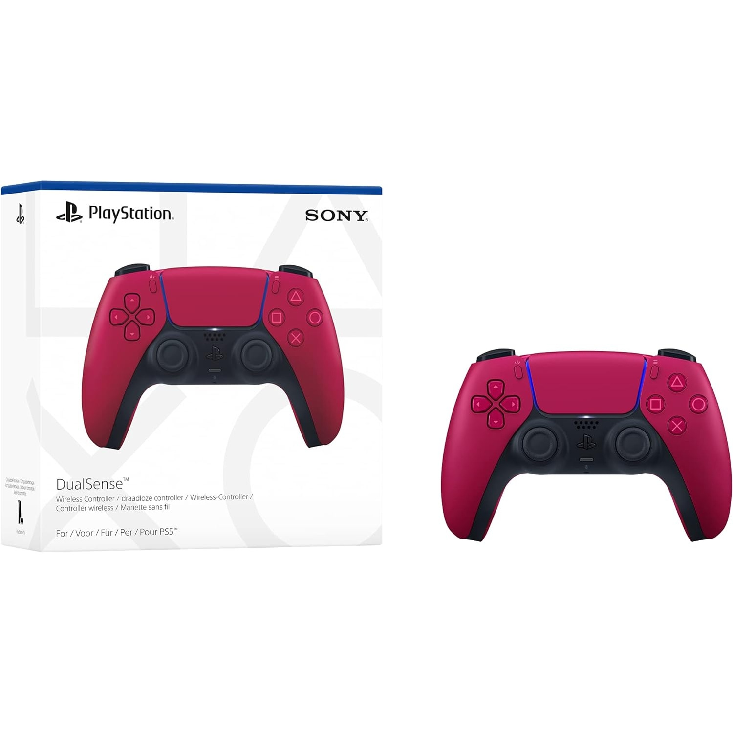 A red DualSense wireless controller for PlayStation 5. The box is on the left, and the controller is on the right.