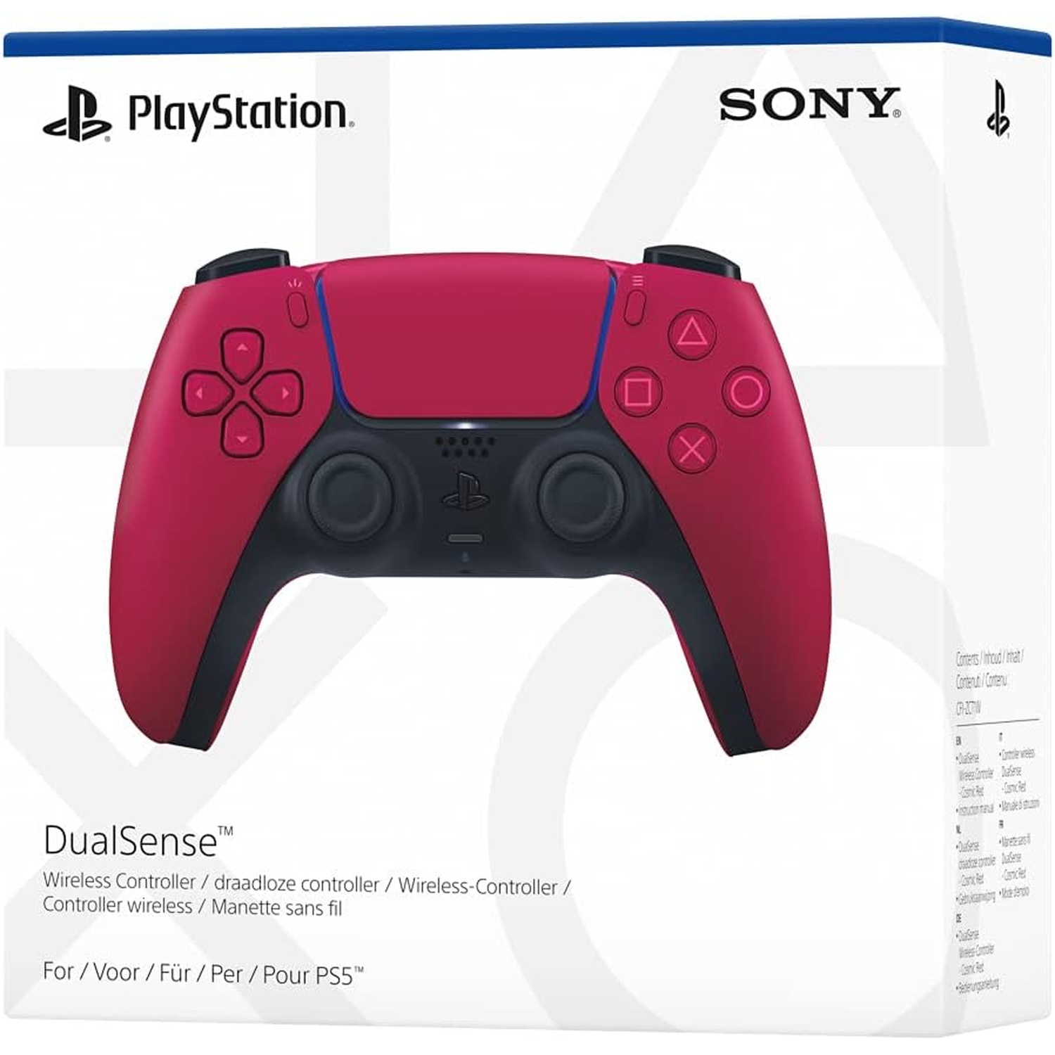 Boxed Cosmic Red DualSense wireless controller for PS5. The box has PlayStation and Sony logos. Controller is red and black.
