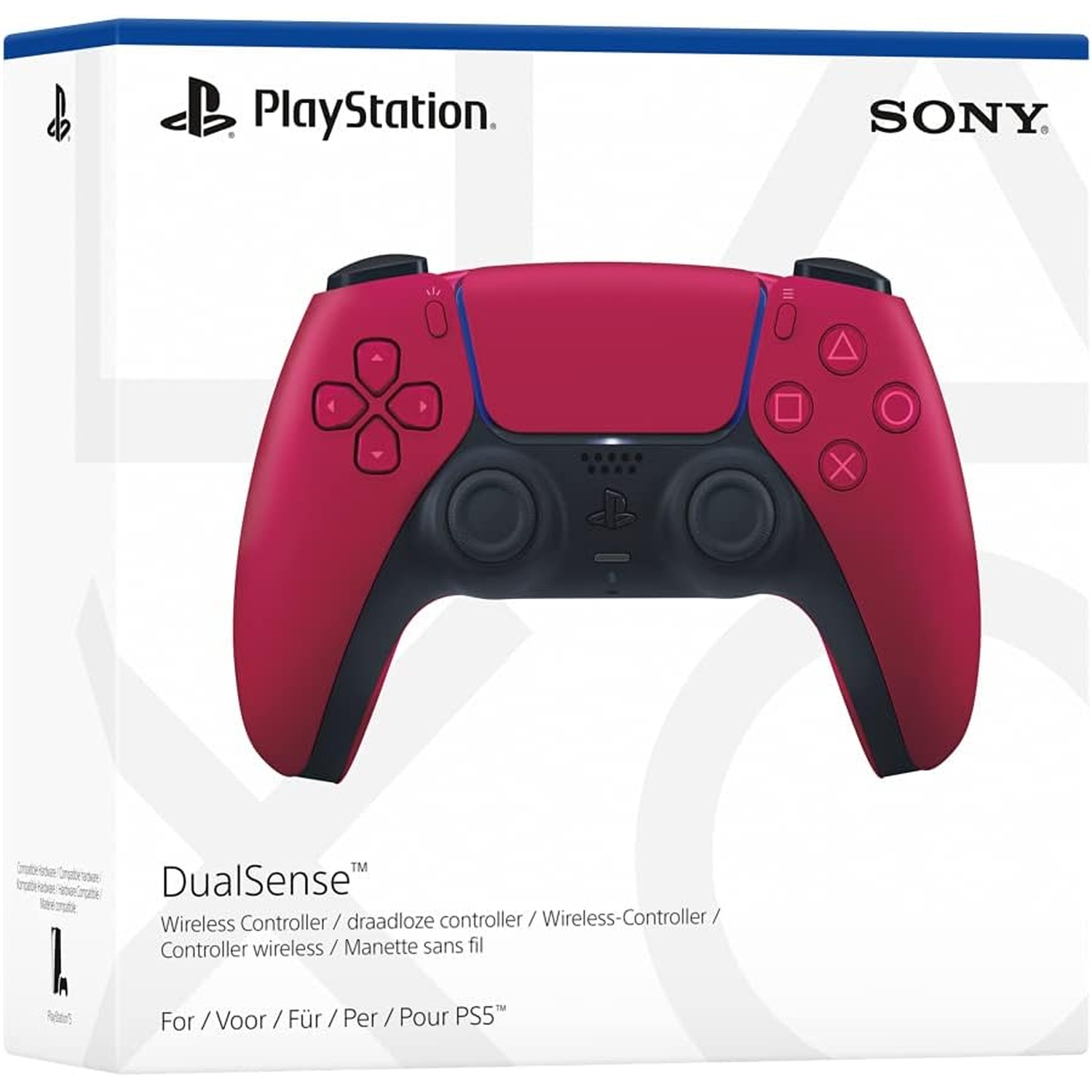 A red DualSense wireless controller for PlayStation 5. It's in a white box with 'PlayStation' and 'SONY' logos.