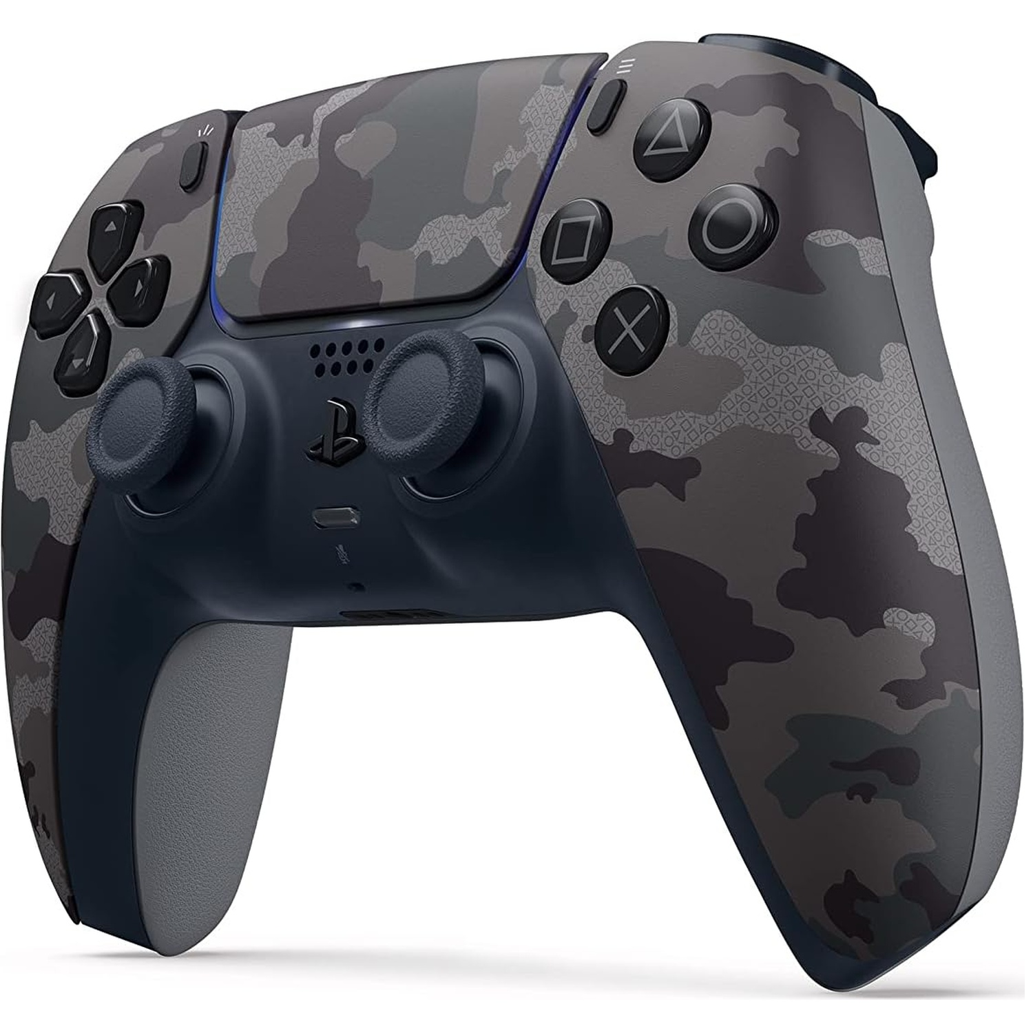 Een gecamoufleerde PS5-controller. Het heeft een donkergrijs en zwart patroon. De knoppen zijn zwart, met grijze grepen.