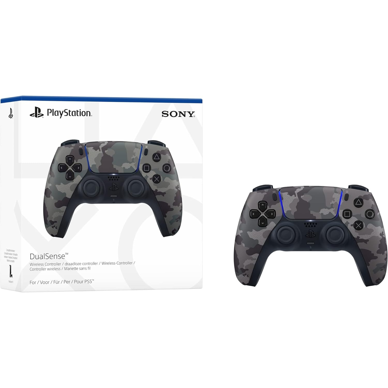 Afbeelding toont een camouflage PS5 DualSense controller naast de doos, beide op een witte achtergrond. De doos heeft PlayStation- en Sony-logo's.