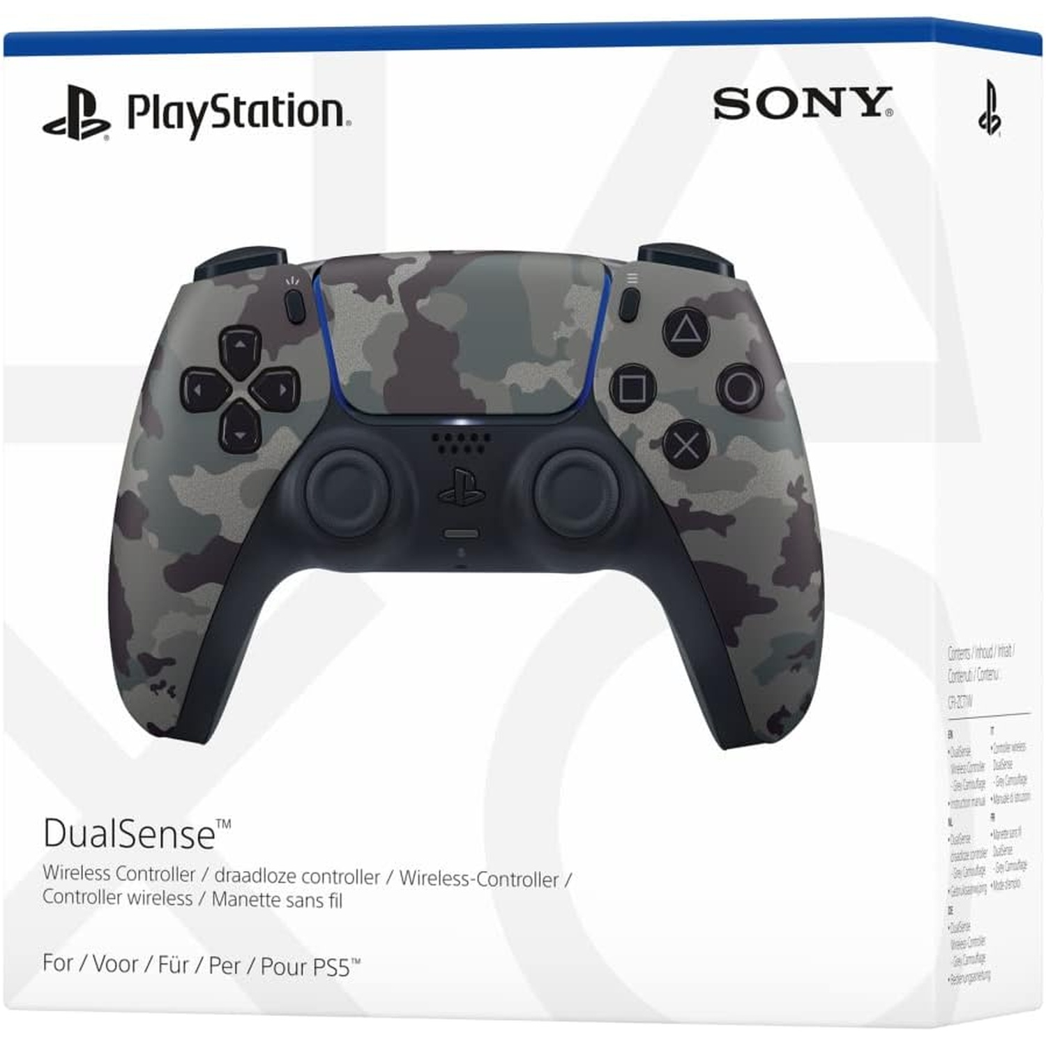 Een PlayStation DualSense draadloze controller in camouflagepatroon, op de doos, met de logo's van PlayStation en Sony.
