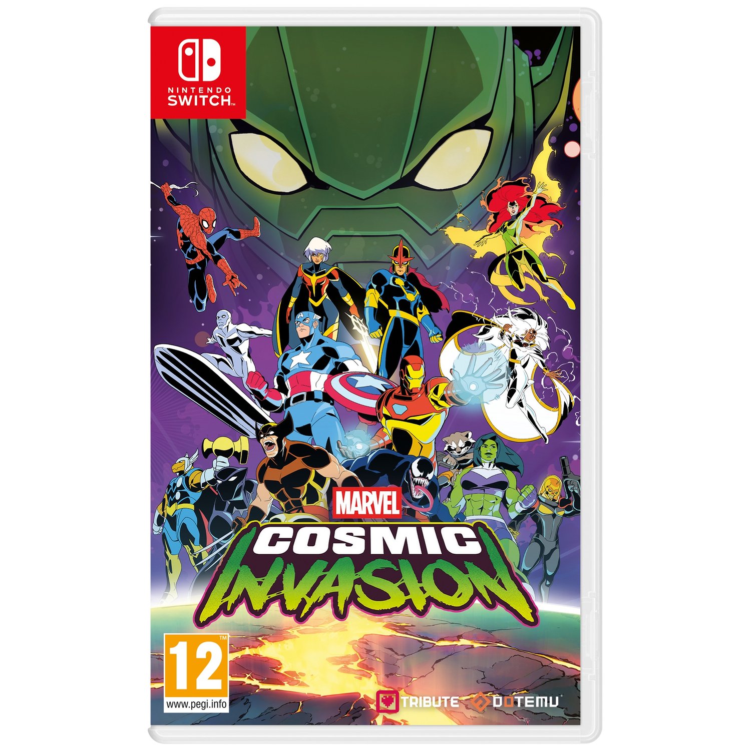 Marvel Cosmic Invasion game case. Bevat verschillende Marvel-personages zoals Spider-Man, Captain America en Wolverine. Groene reus op de achtergrond.
