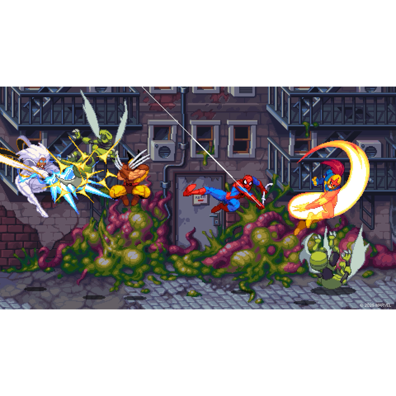 Marvel-personages in actie: Wolverine, Storm, Spider-Man en anderen vechten in een steeg. Groene, klonterige substantie op de grond.