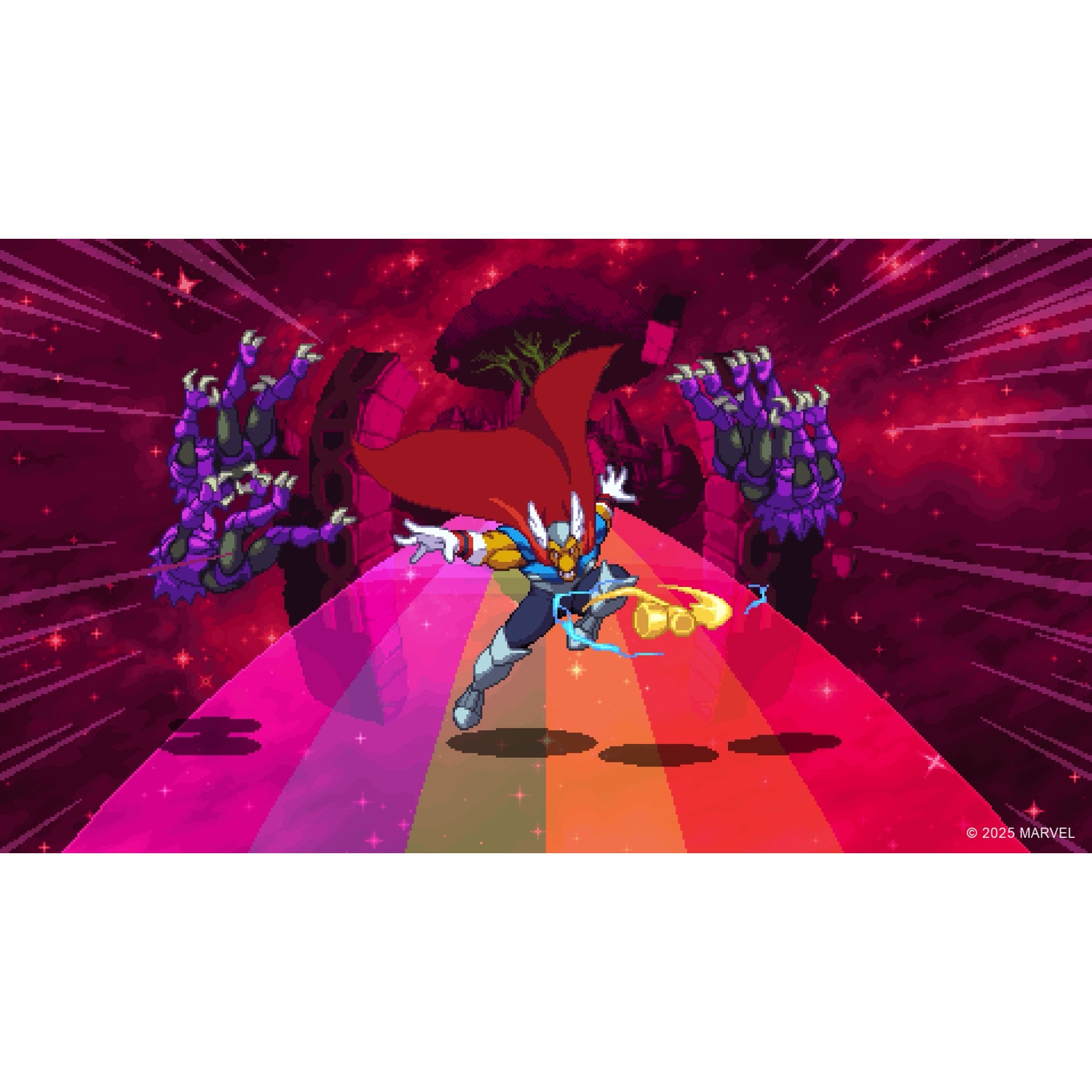 A superhero with a red cape and blue lightning, in pixel art style, fighting against two purple clawed hands and a dark background.
