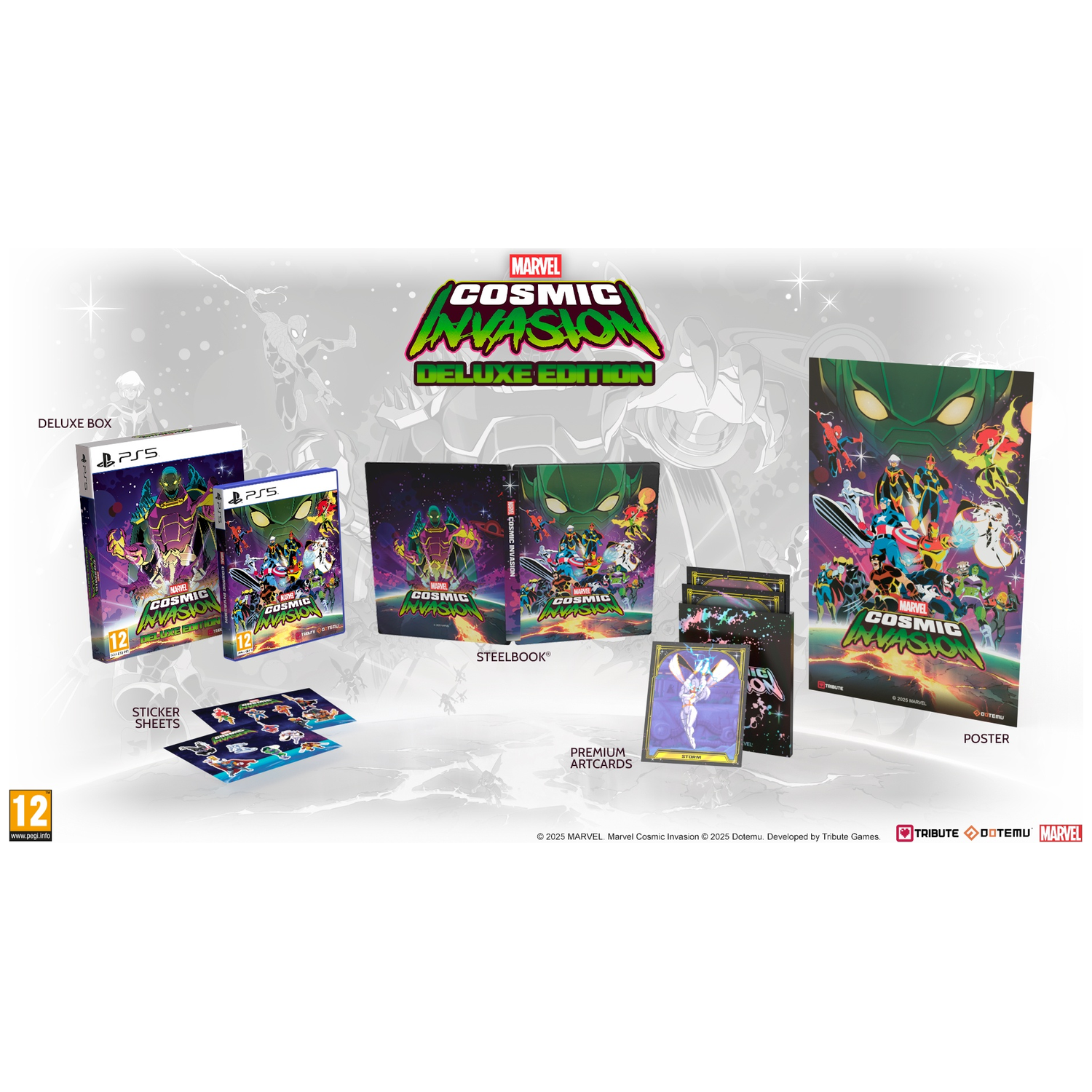 Marvel Cosmic Invasion Deluxe Edition gameset. Bevat een PS5 gamebox, Steelbook, poster, sticker vellen en premium artcards.