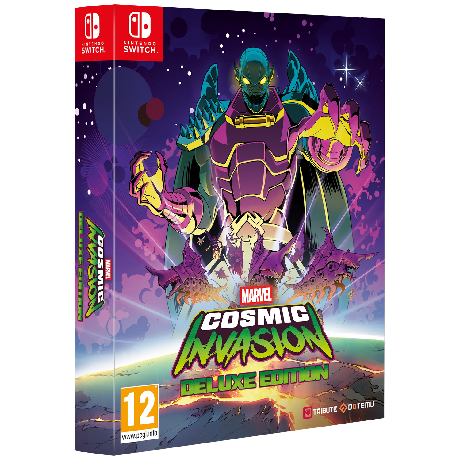Marvel Cosmic Invasion Deluxe Edition gamebox. Toont een paars en groene slechterik op een kosmische achtergrond.