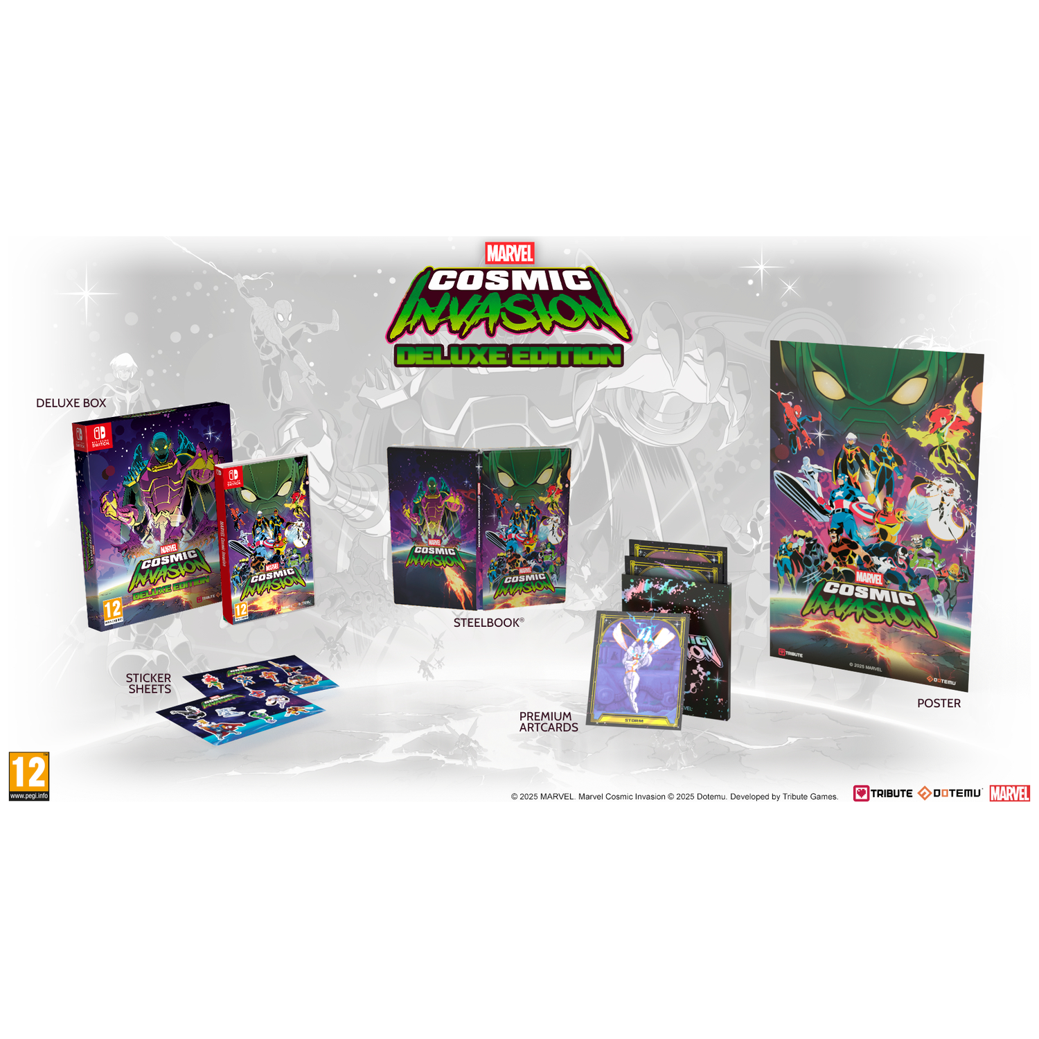 Marvel Cosmic Invasion Deluxe Edition bevat een doos, Steelbook, poster, stickervellen en premium artcards.