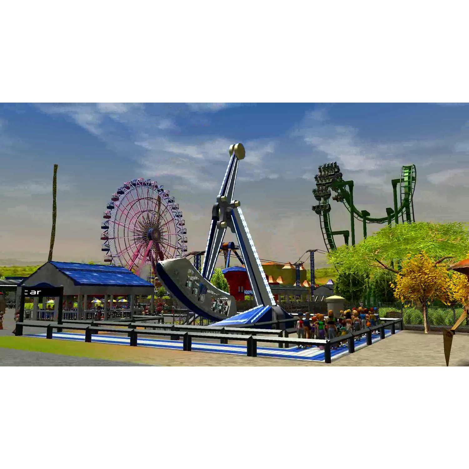 Een pretpark met een reuzenrad, achtbaan en pendelrit. Mensen wachten in de rij. Blauwe lucht met wolken.