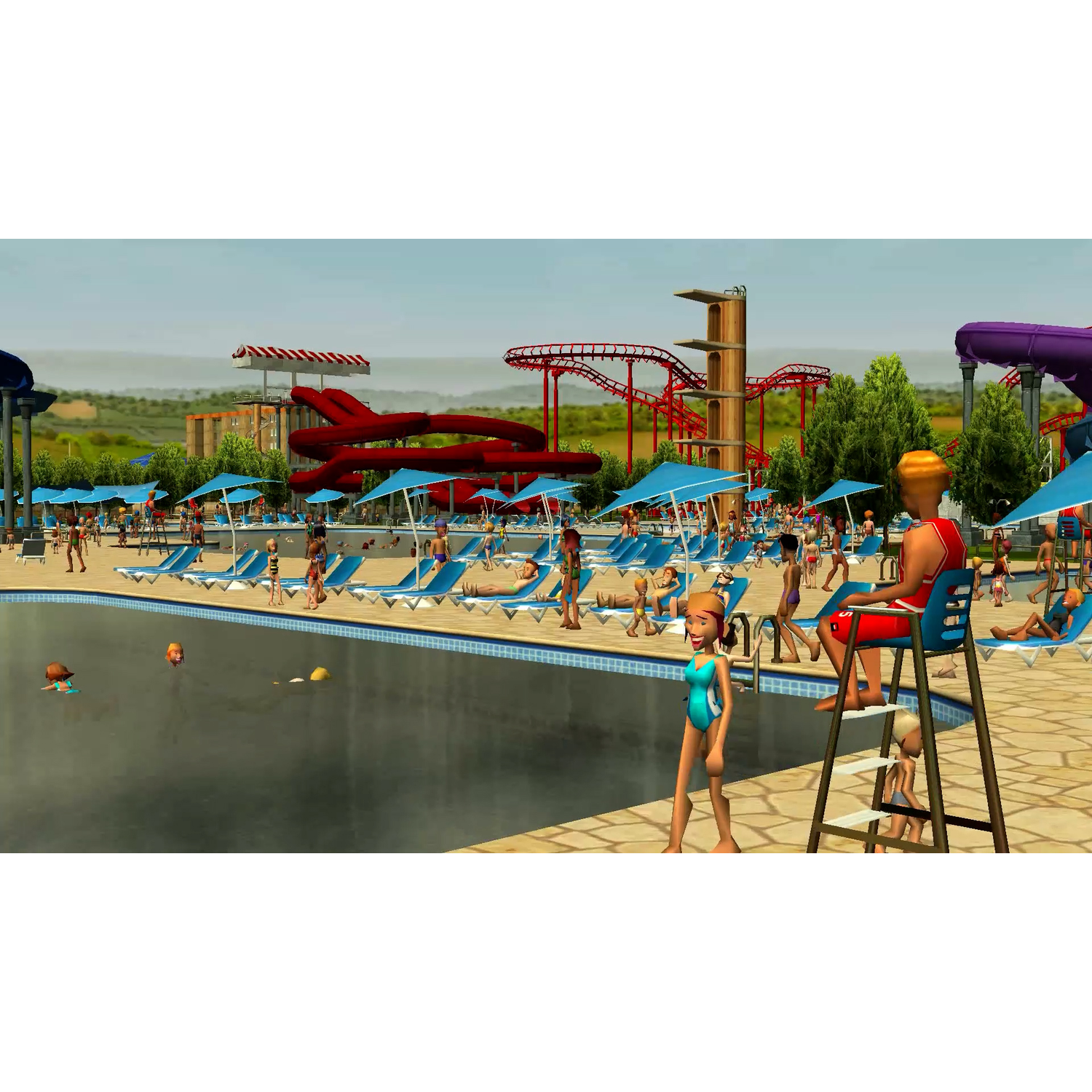 Een waterparkscene met mensen bij een zwembad, glijbanen en een achtbaan. Redder op wacht, mensen zonnen en zwemmen.