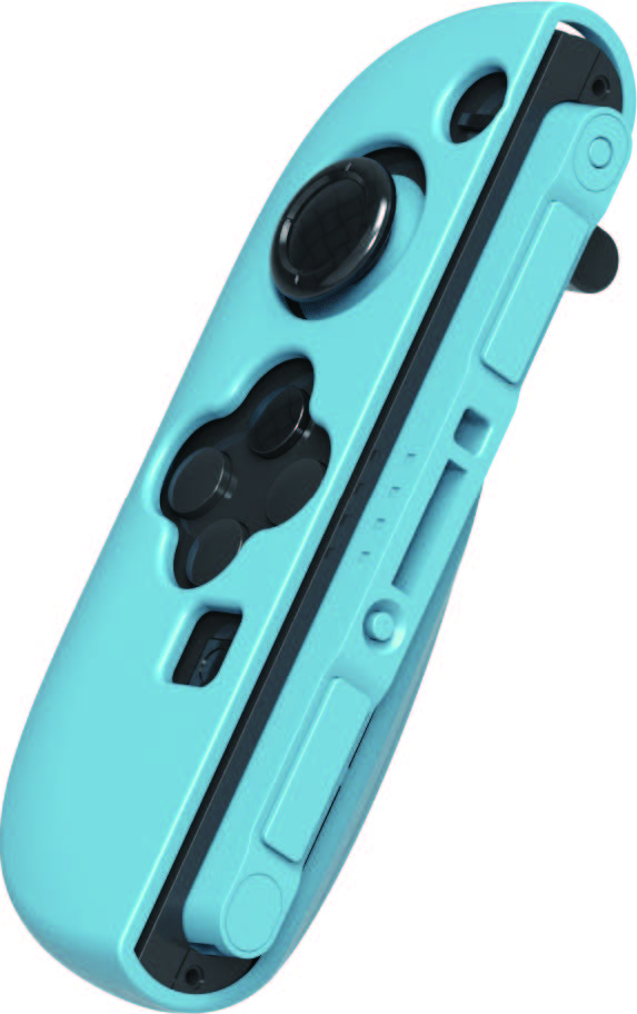 Jasnoniebieski kontroler Joy-Con Nintendo Switch. Posiada czarne przyciski i joystick. Design jest elegancki i nowoczesny.