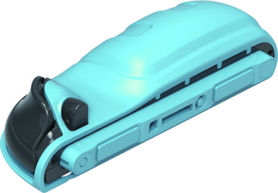 Niebiesko-czarne urządzenie elektroniczne. Ma zaokrąglony kształt z ciemniejszą szarą częścią. Tło jest białe.