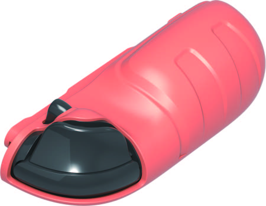 Koralowy obiekt o zaokrąglonym kształcie z ciemnoszarym, zakrzywionym przodem. Na górze ma mały, czarny przycisk.