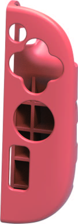 Koralowy plastikowy przedmiot z różnymi wyciętymi kształtami, w tym kołami i czterolistną koniczyną, z widocznym wnętrzem w kratkę.