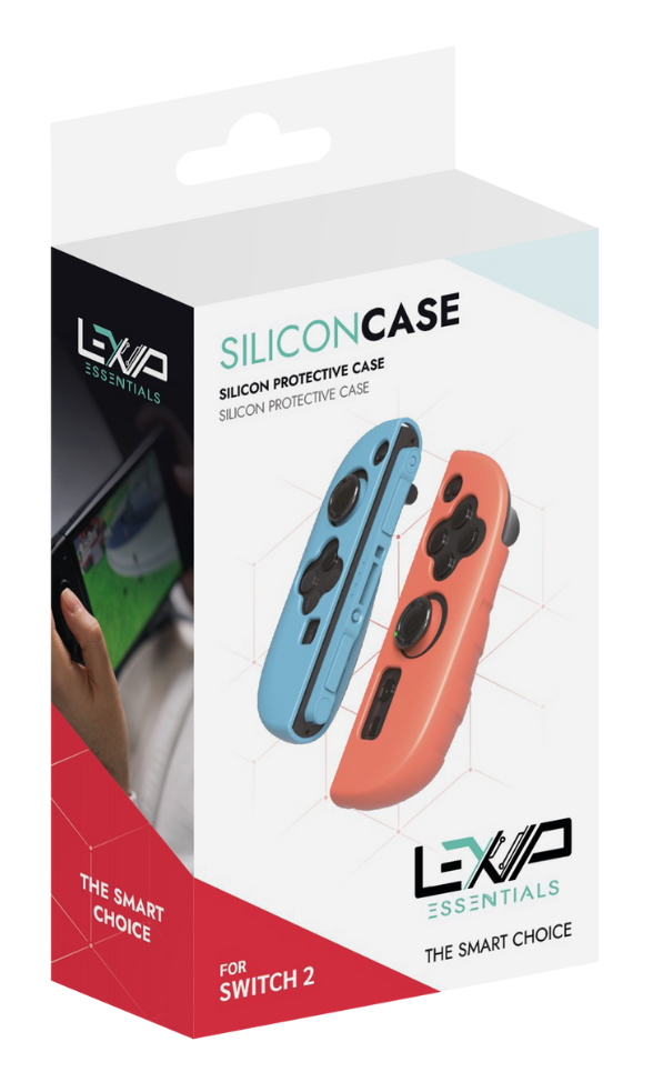 Pudełko z dwoma silikonowymi etui na Switch 2. Jedno niebieskie, drugie pomarańczowe. Na pudełku napis 'SILICON CASE' i 'ESSENTIALS'.