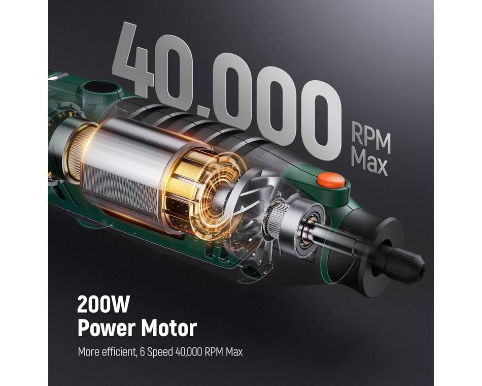 A képen egy elektromos szerszám látható, rajta a "40 000 RPM Max" és a "200W Power Motor" felirat. A szerszám zöld és fekete.