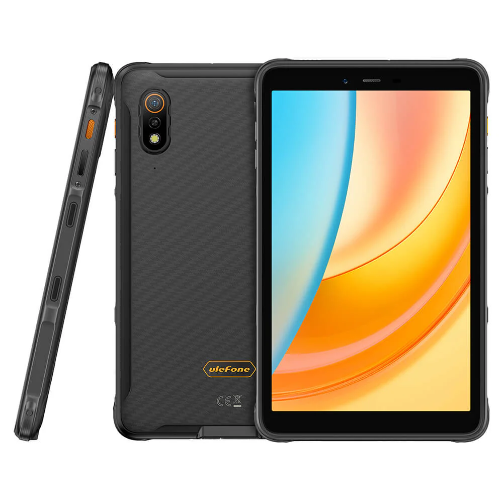 Egy fekete Ulefone tablet, narancs és kék átmenettel a képernyőn. Van rajta kamera és texturált hátlap. Az oldala látható.