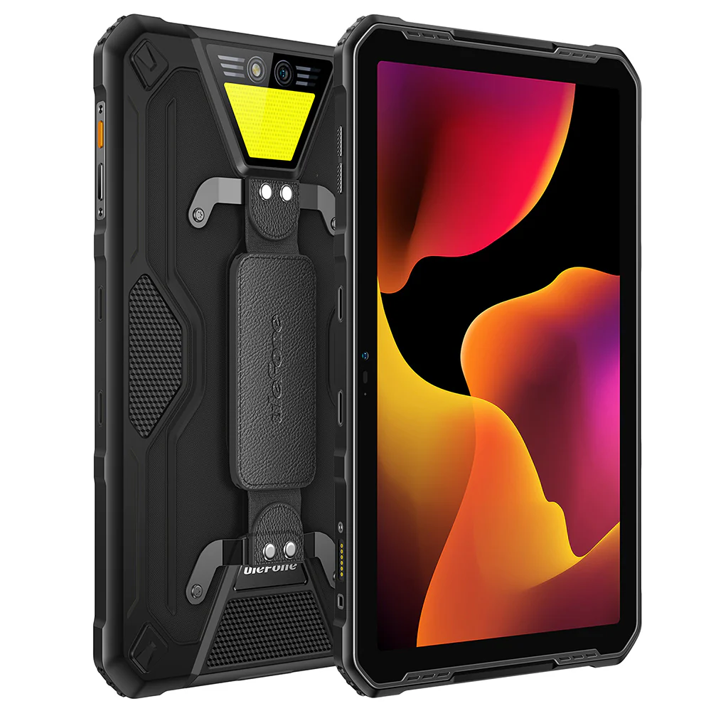 Tablet strapabíró fekete tokban, bőr kézpánttal. A képernyő színes absztrakt képet mutat.