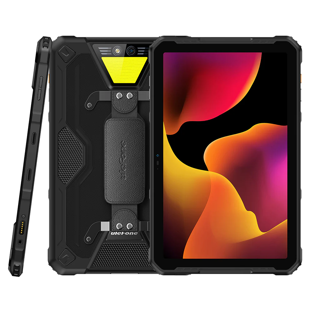Fekete Ulefone tablet robusztus tokkal. A képernyő egy absztrakt képet mutat piros, narancs és sárga színekkel.