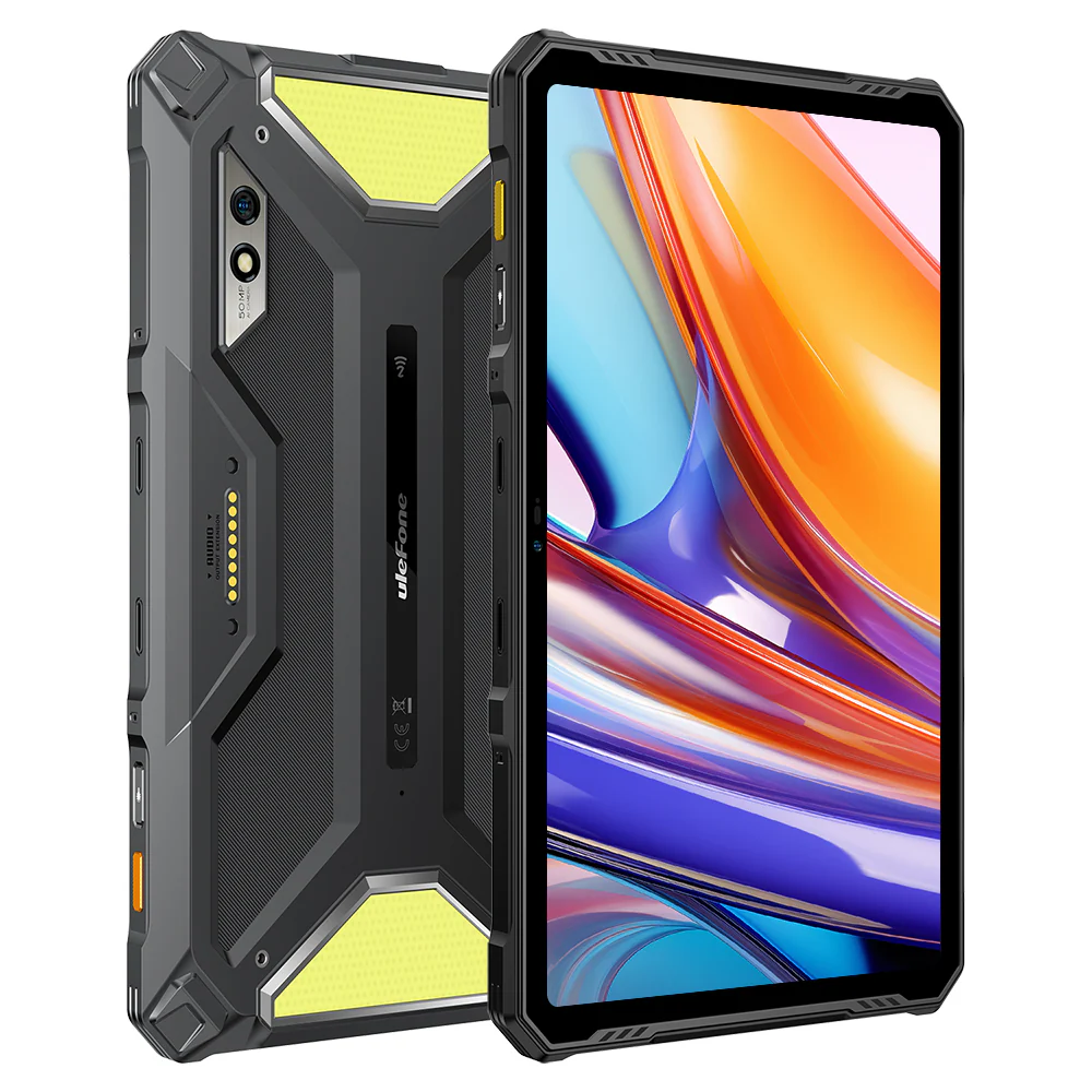 Robusztus tablet fekete-sárga dizájnnal, színes absztrakt képet mutat a képernyőn.