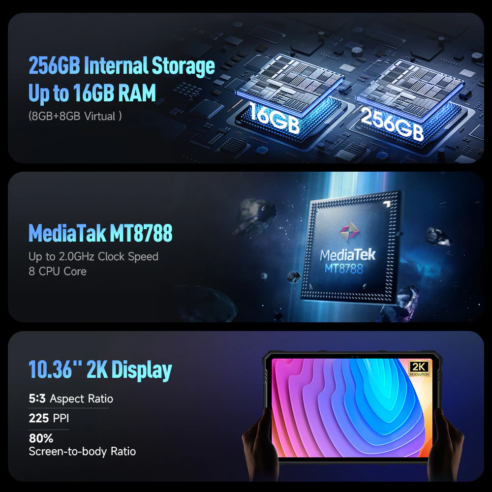 A kép a tablet jellemzőit mutatja: 256 GB tárhely, 16 GB RAM, MediaTek MT8788 processzor és egy 10,36"-es 2K kijelző. A részletek kék színnel jelennek meg.