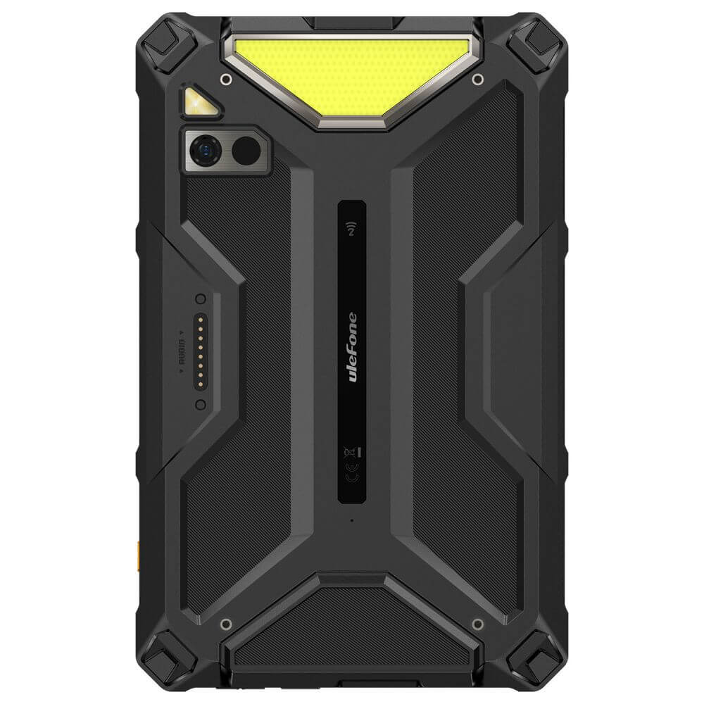 Fekete-szürke Ulefone telefon. Sárga kiemelés felül. Robusztus kialakítás több porttal és gombbal. Ulefone logó középen.