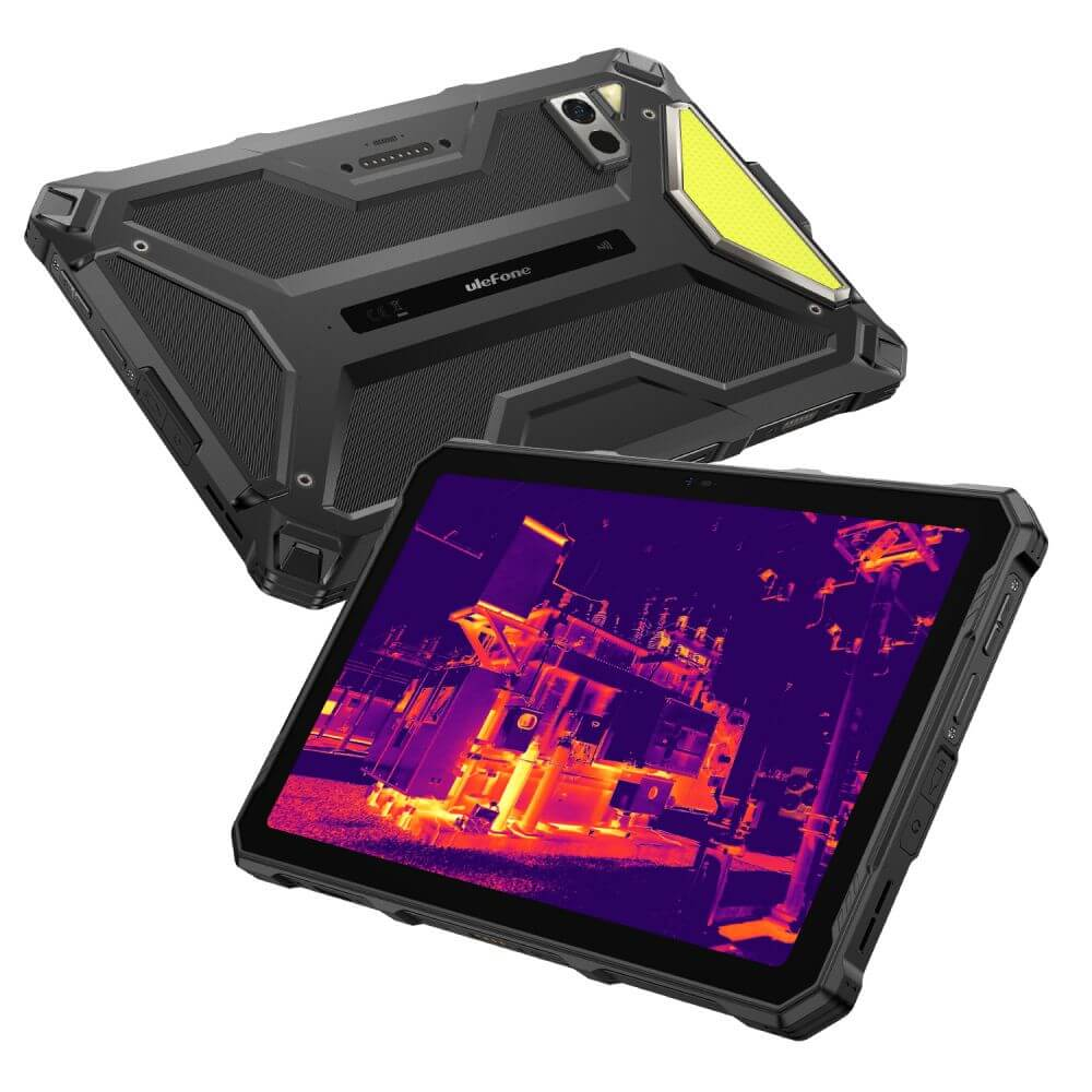 Két Ulefone robusztus tablet. A felső fekete, sárga akcentussal. Az alsó táblagépen egy lila ipari jelenet látható.