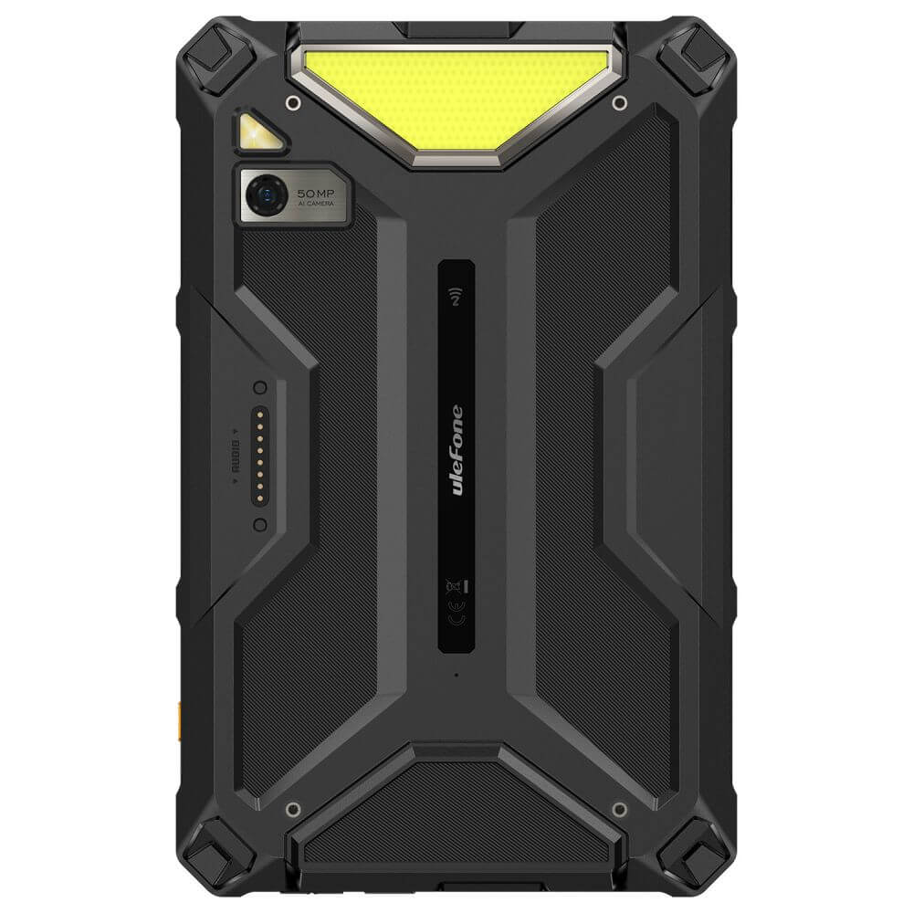 Egy fekete Ulefone tablet. Sárga felső díszítéssel, kamerával és robusztus dizájnnal rendelkezik. A márkanév látható.