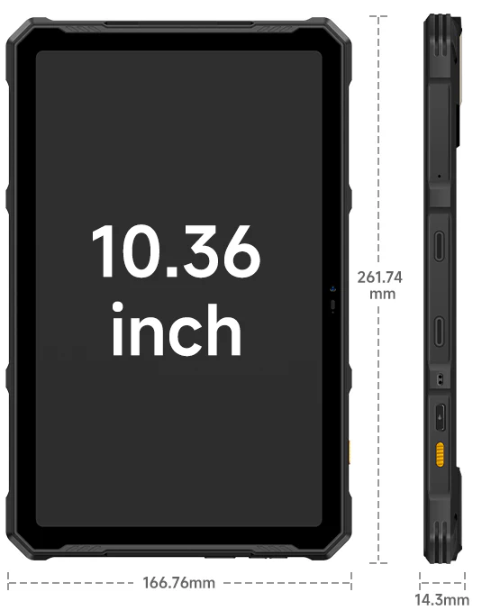 Fekete tablet, 10,36 hüvelykes képernyő. Méretek: 166,76 mm széles, 261,74 mm magas, 14,3 mm vastag. Szöveg: '10,36 inch'.