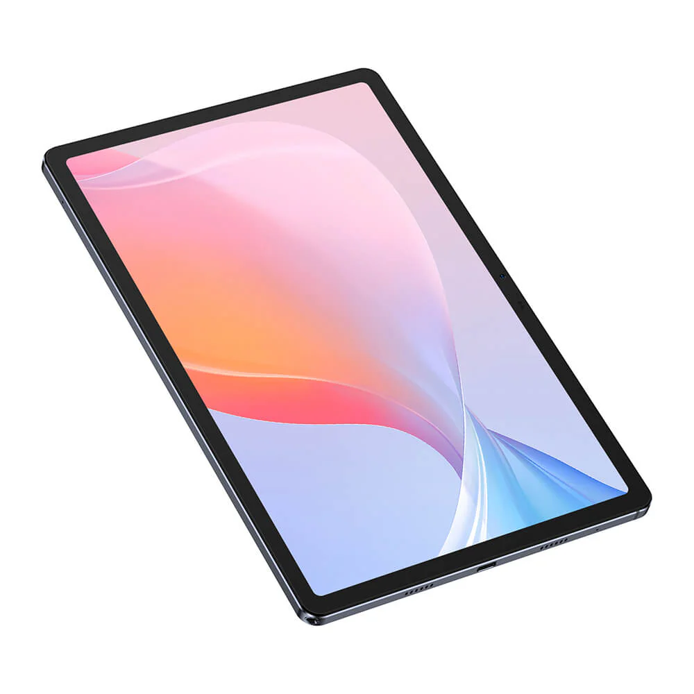 Egy fekete keretű tablet, amely egy színes, absztrakt képet jelenít meg rózsaszín, narancs, kék és fehér árnyalatokkal a képernyőn.