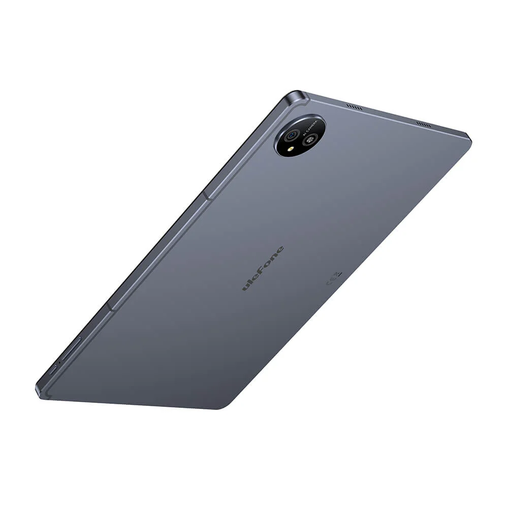 Egy szürke Ulefone tablet fehér háttér előtt. Kameradudorral, a márkanévvel és karcsú dizájnnal rendelkezik.