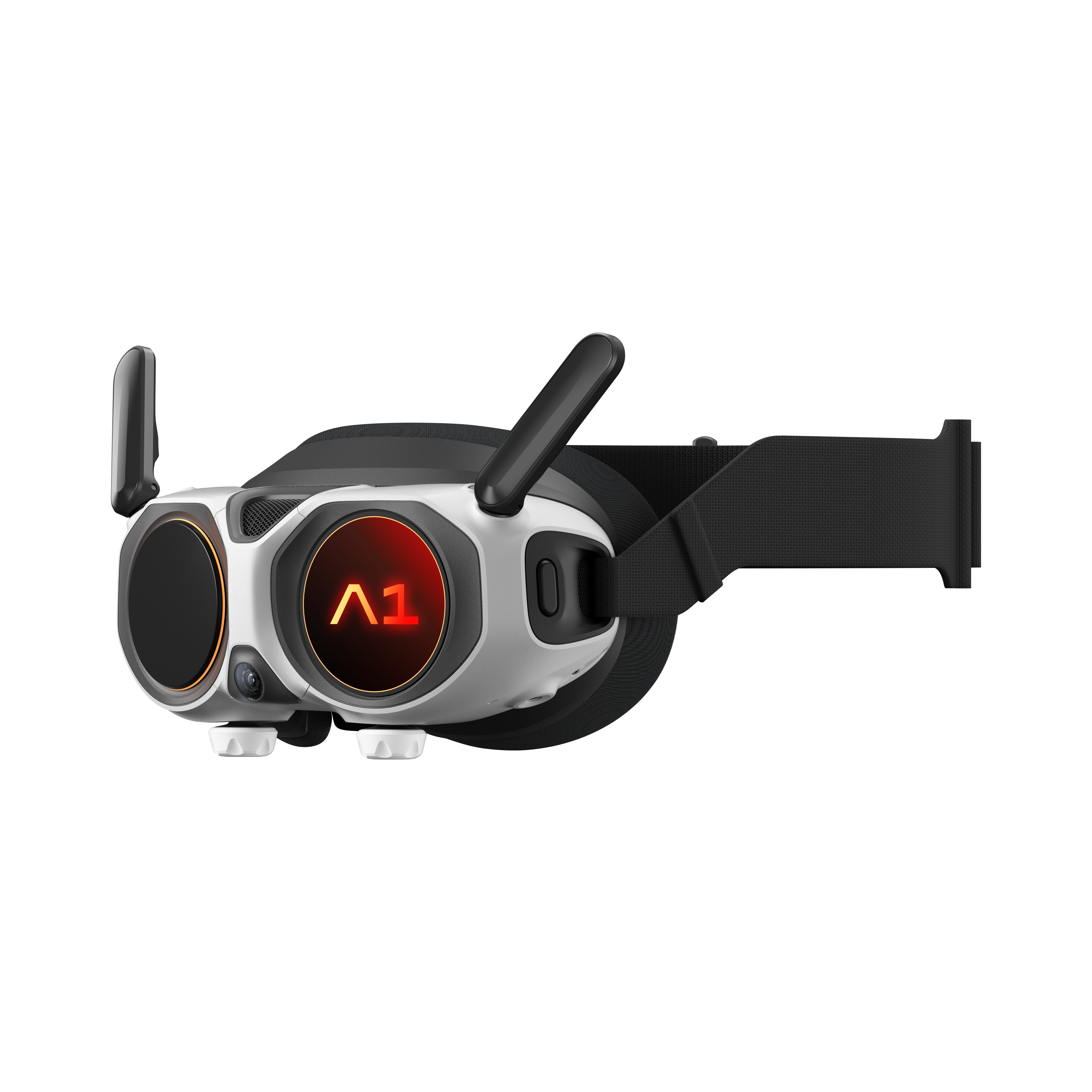 VR-Headset, weiß und schwarz. Roter Bildschirm zeigt A1 und TV. Zwei Antennen oben, schwarzer Hintergrund.