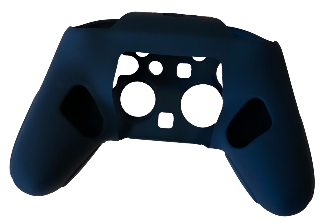 Ciemnoniebieska silikonowa osłona kontrolera z wycięciami na przyciski i uchwyty na białym tle.