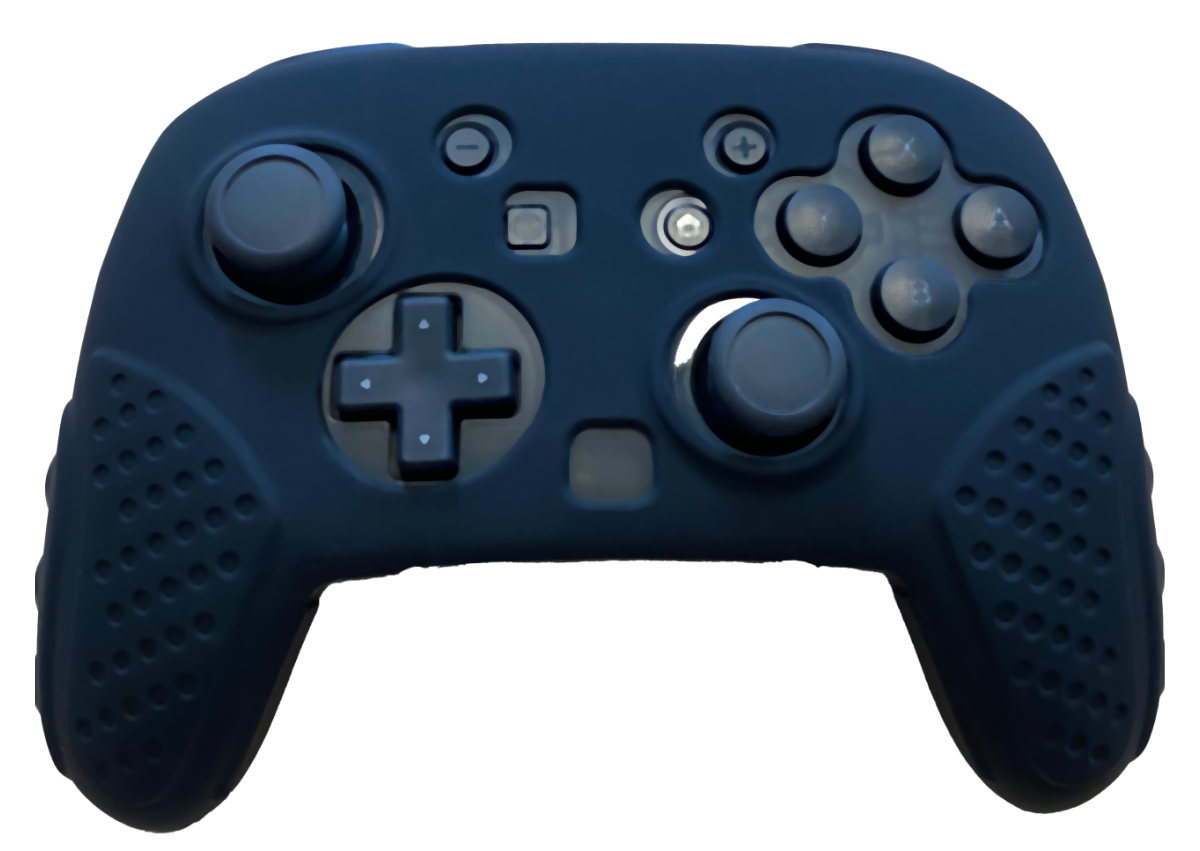 Granatowy kontroler do gier jest wyśrodkowany na białym tle. Posiada przyciski, joysticki i d-pad.