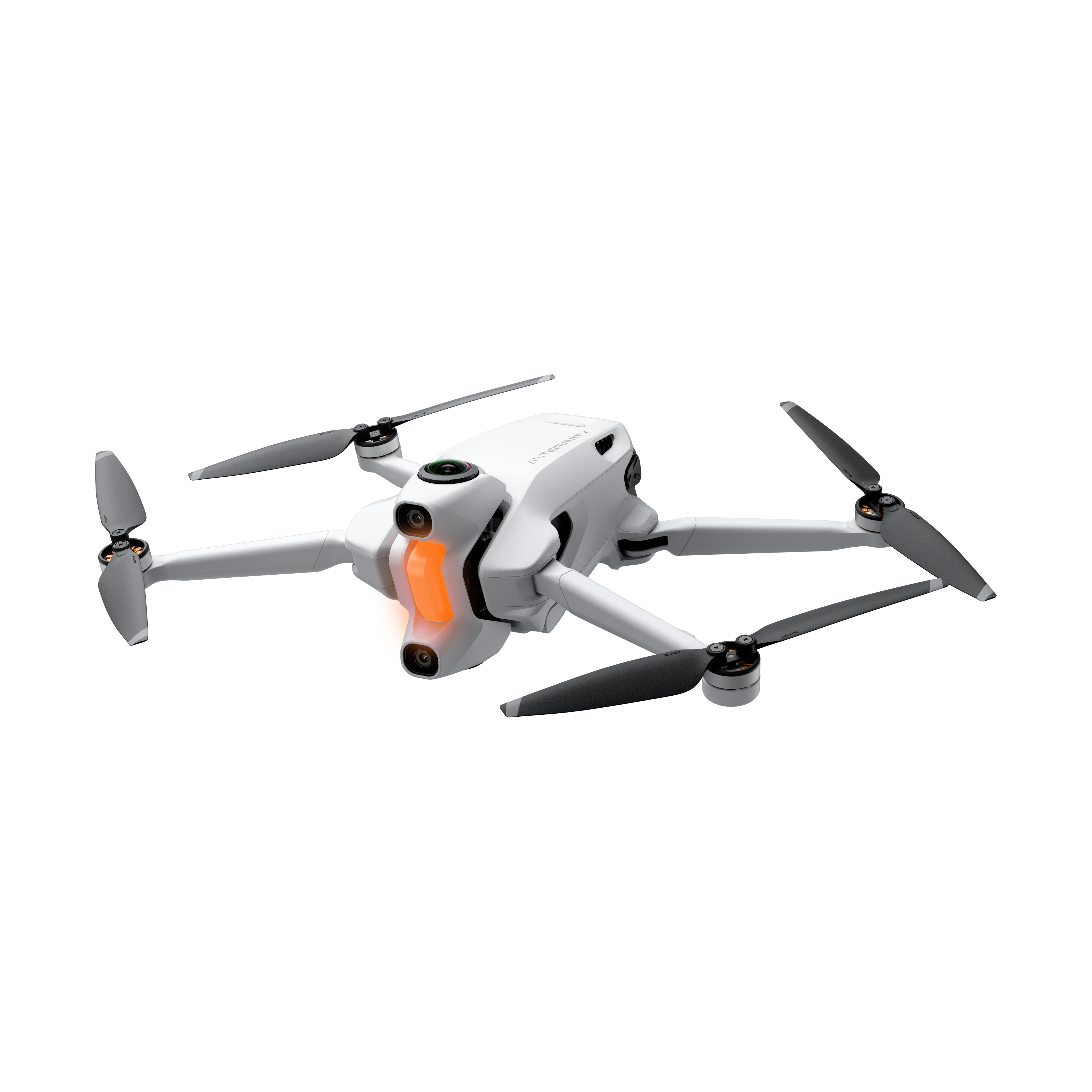 Eine weiße Drohne mit vier Propellern, orangefarbenen Lichtern und dunkelgrauen Blättern auf schwarzem Hintergrund.