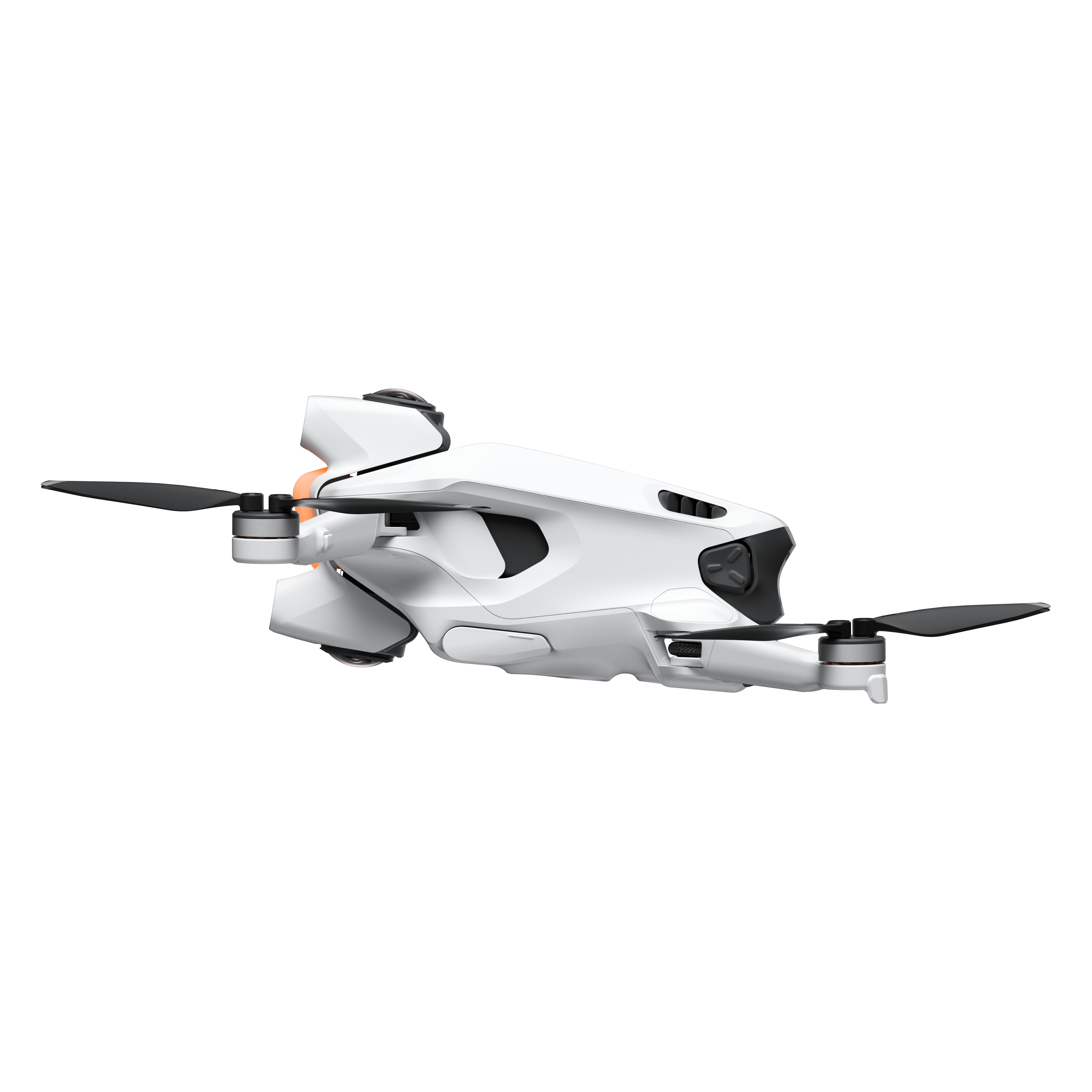 Eine weiße Drohne mit schwarzen Propellern steht auf schwarzem Hintergrund. Die Drohne hat ein schlankes Design.