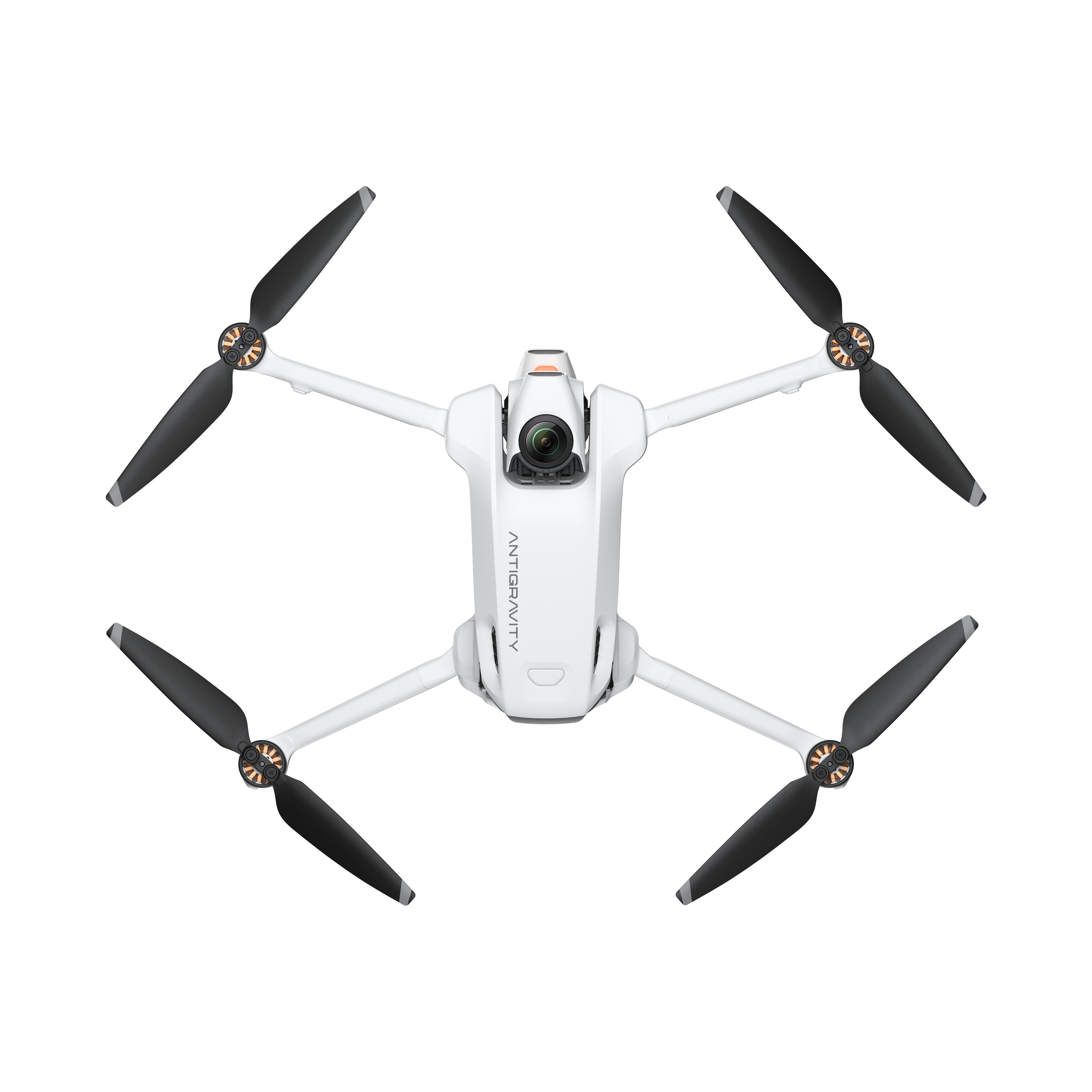 Eine weiße Drohne mit vier schwarzen Propellern, zentriert auf schwarzem Hintergrund. Auf der Drohne steht das Wort ANTIGRAVITY.