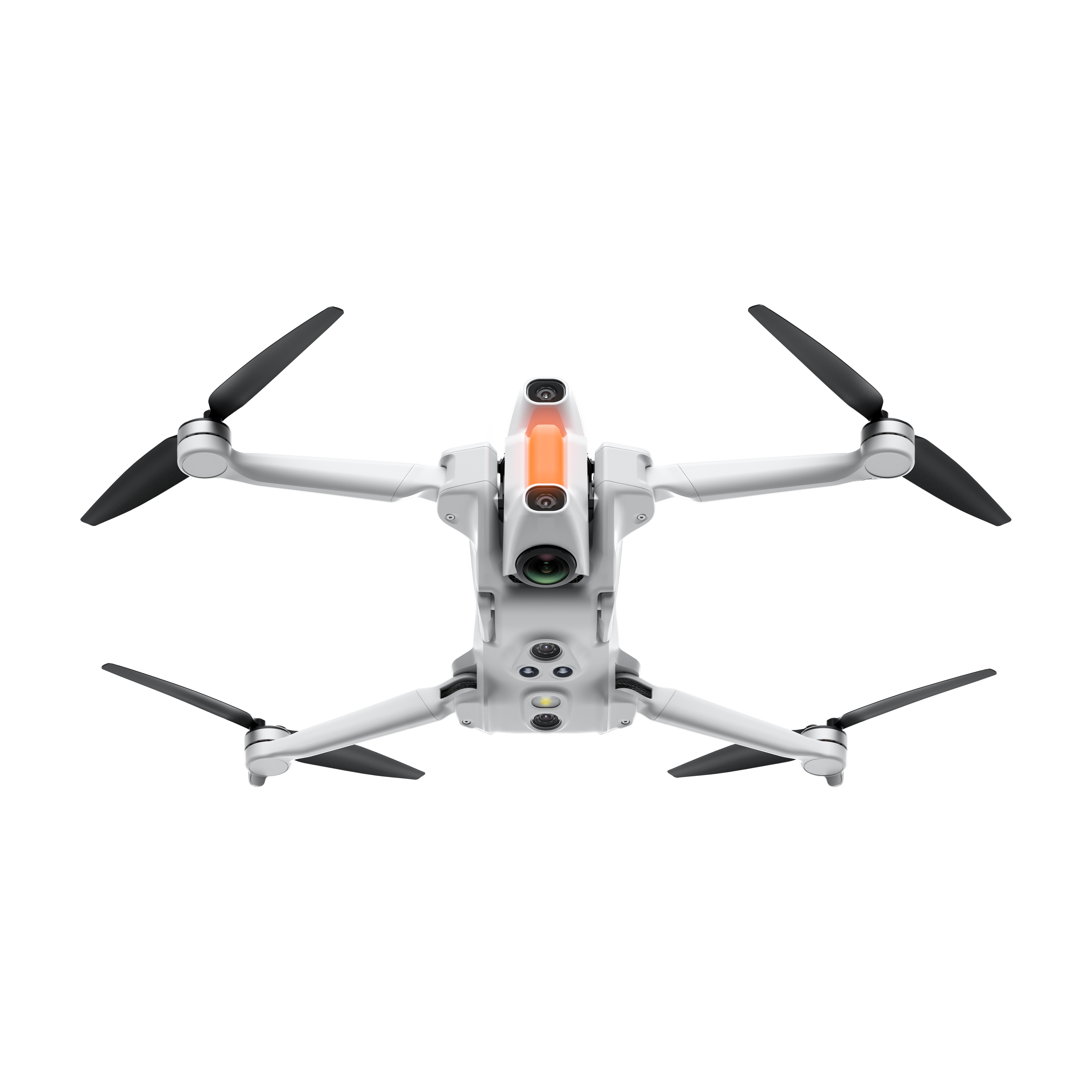 Eine weiße Drohne mit schwarzen Propellern vor schwarzem Hintergrund. Sie hat orange und graue Details.