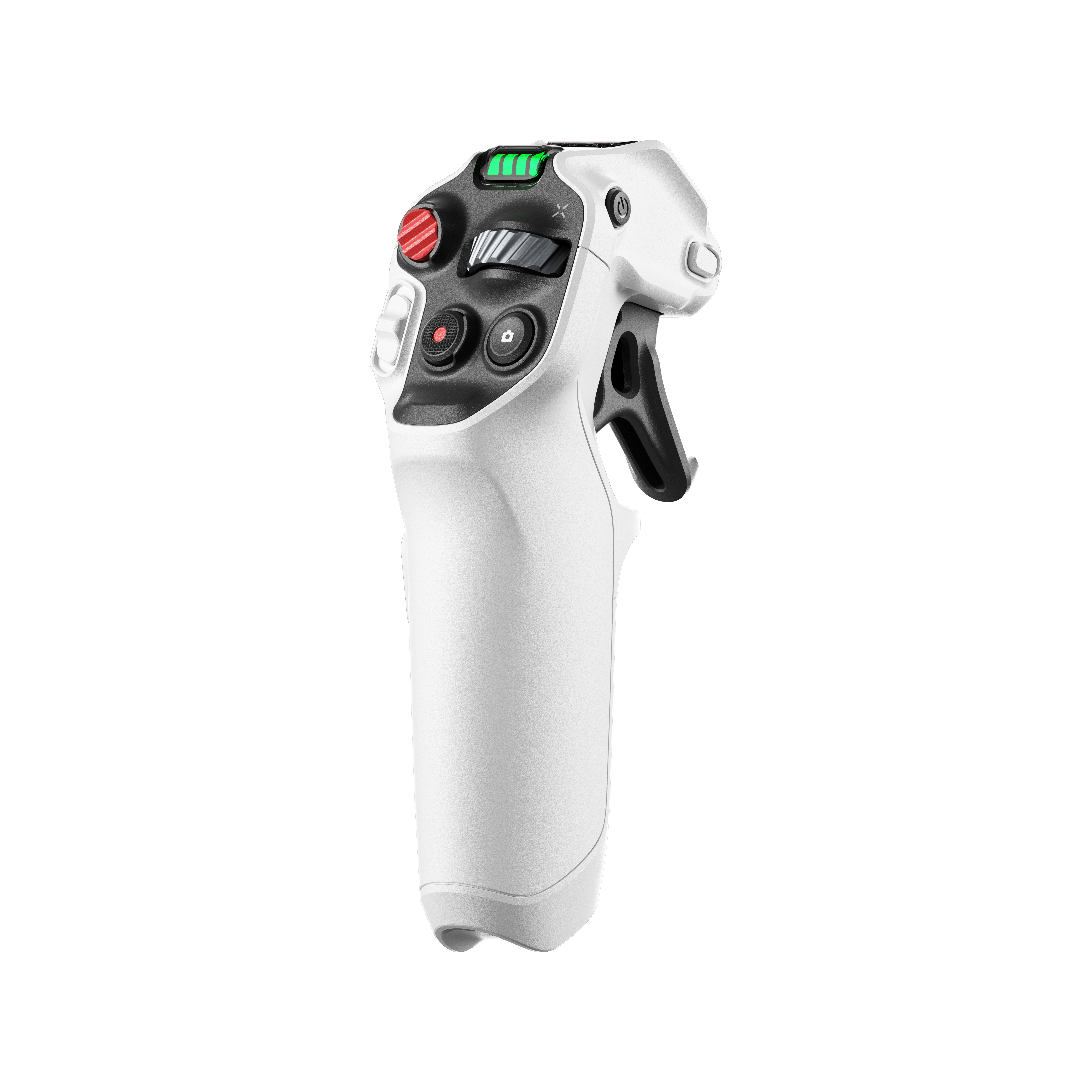 Ein weißer Drohnen-Controller mit Knöpfen, Auslösern und einer Akkuanzeige auf schwarzem Hintergrund.