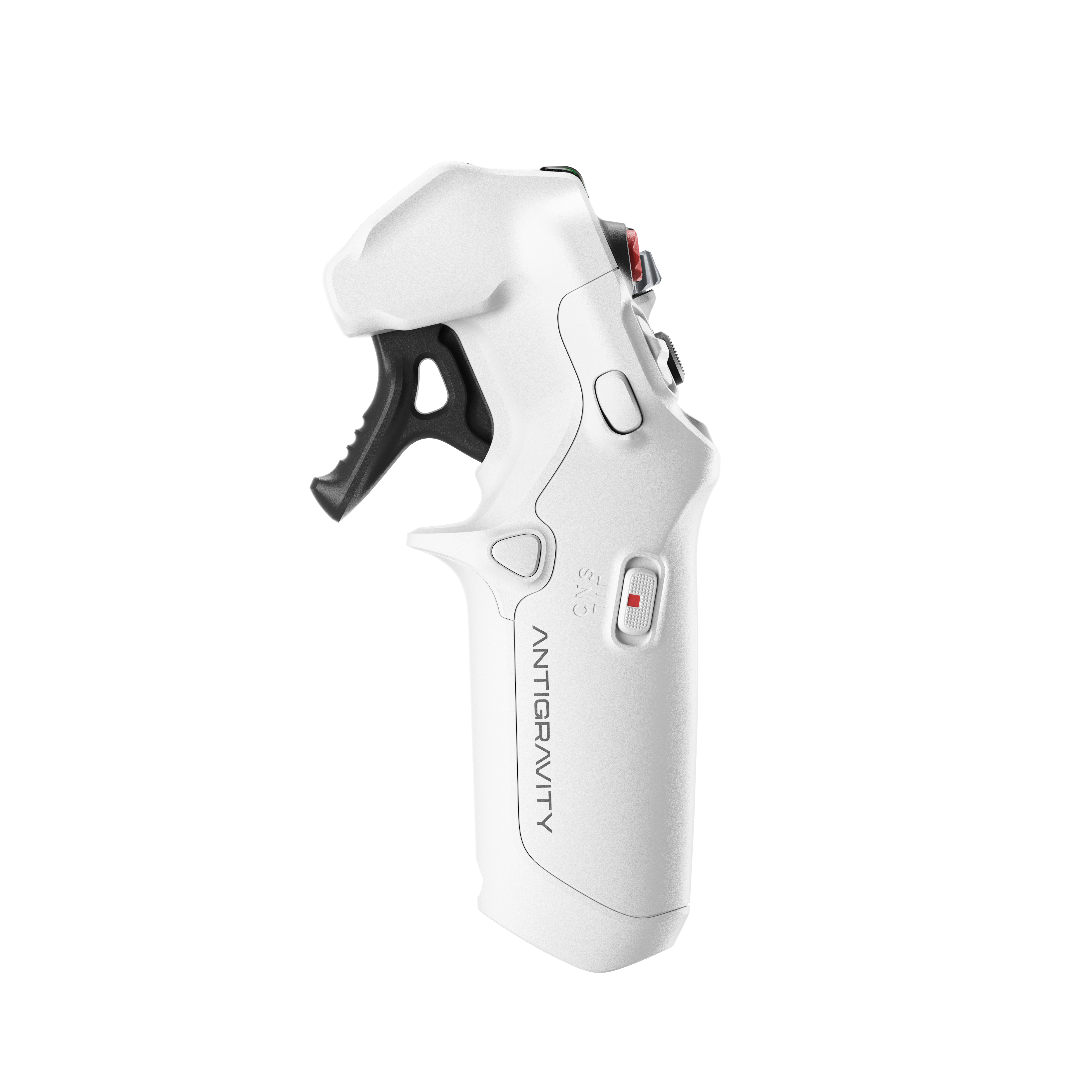 Weißer Controller mit schwarzem Auslöser und Knöpfen. Rote Akzente und ANTIGRAVITY. Schwarzer Hintergrund.