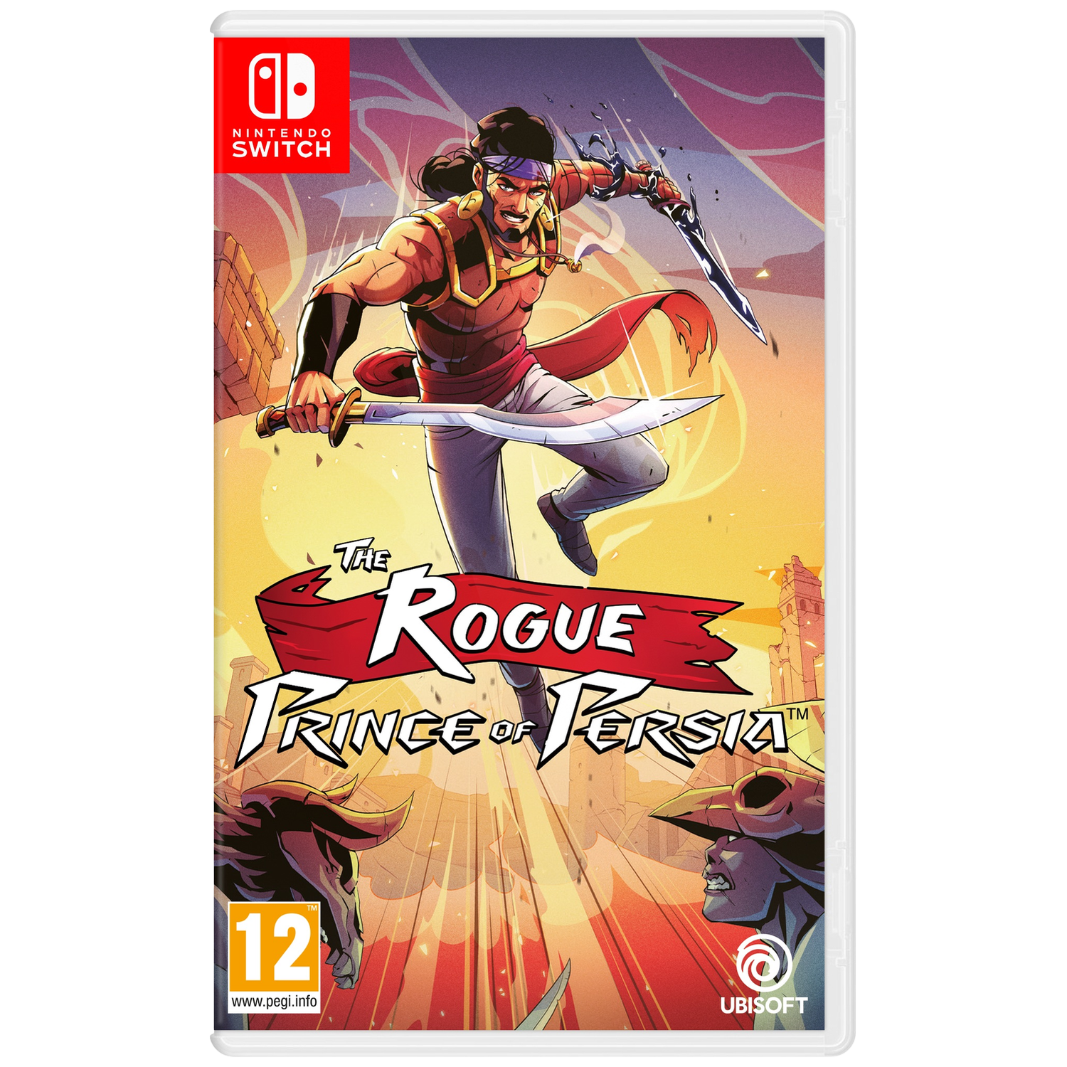 De gamecover van The Rogue Prince of Persia. Een krijger met zwaarden in een woestijn. Nintendo Switch-logo linksboven.