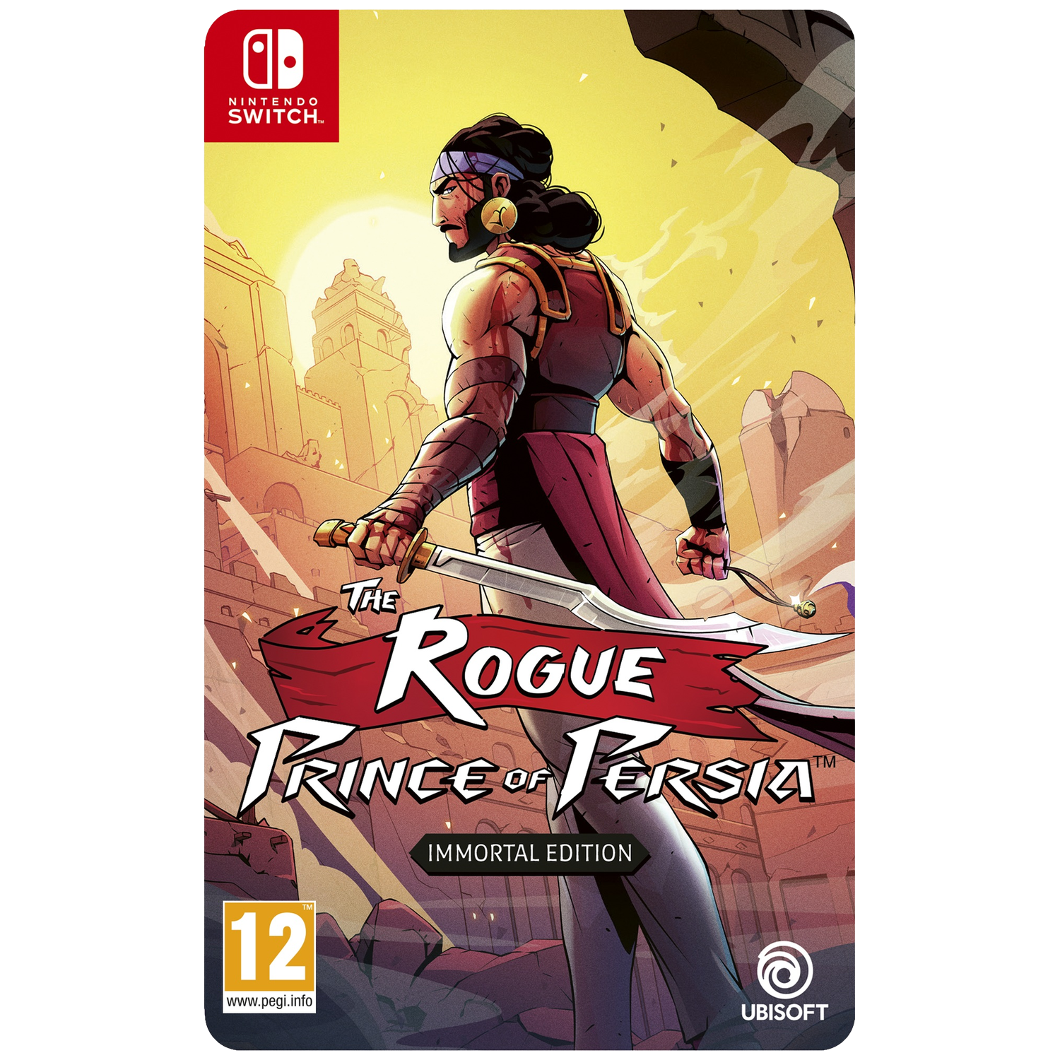 Gamecover van The Rogue Prince of Persia. Een krijger houdt een zwaard vast. Achtergrond toont een woestijnscène en oude gebouwen.