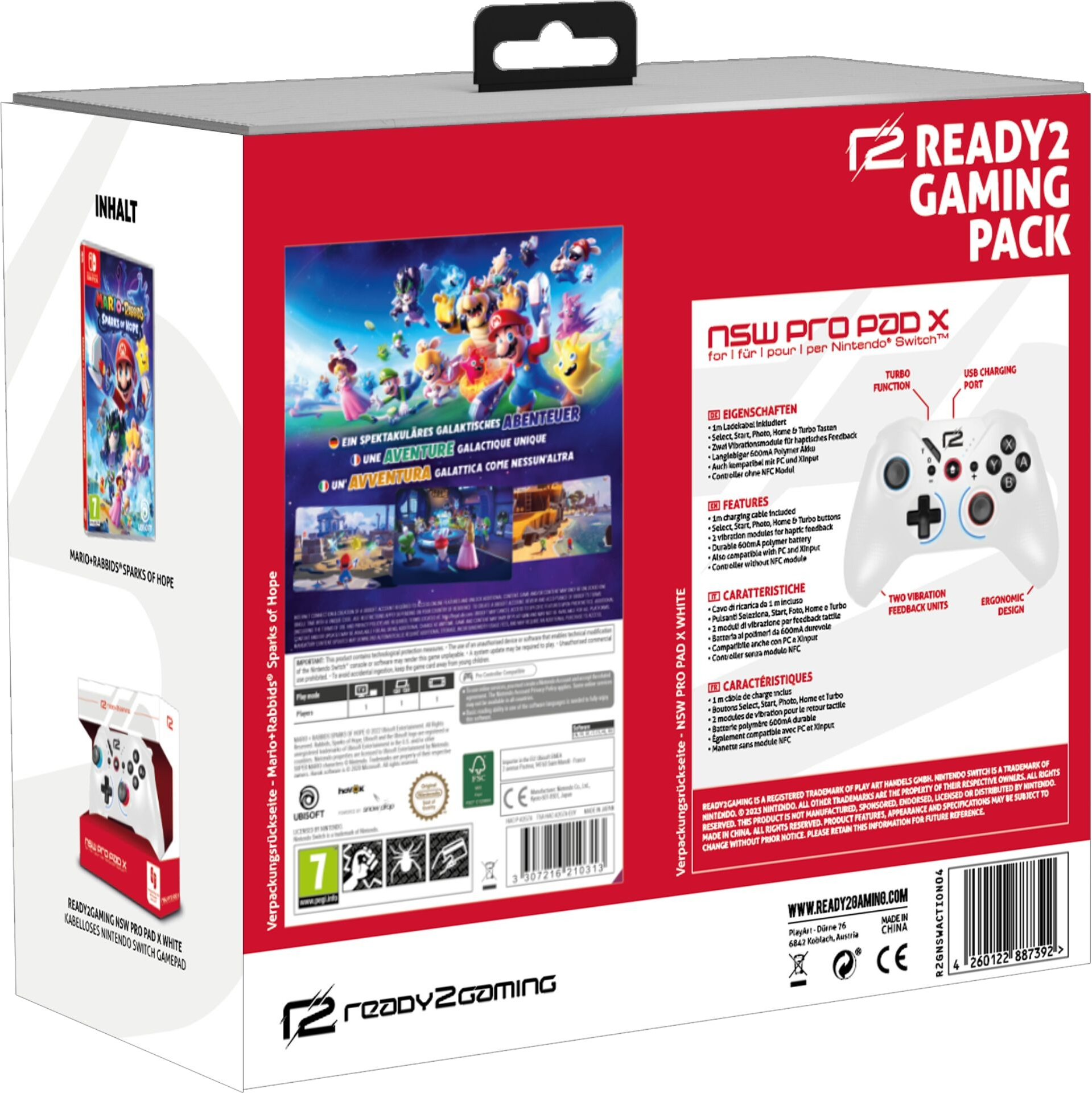 Boîte d'un jeu vidéo. Le titre est Mario + Rabbids Sparks of Hope. Une manette est également visible.
